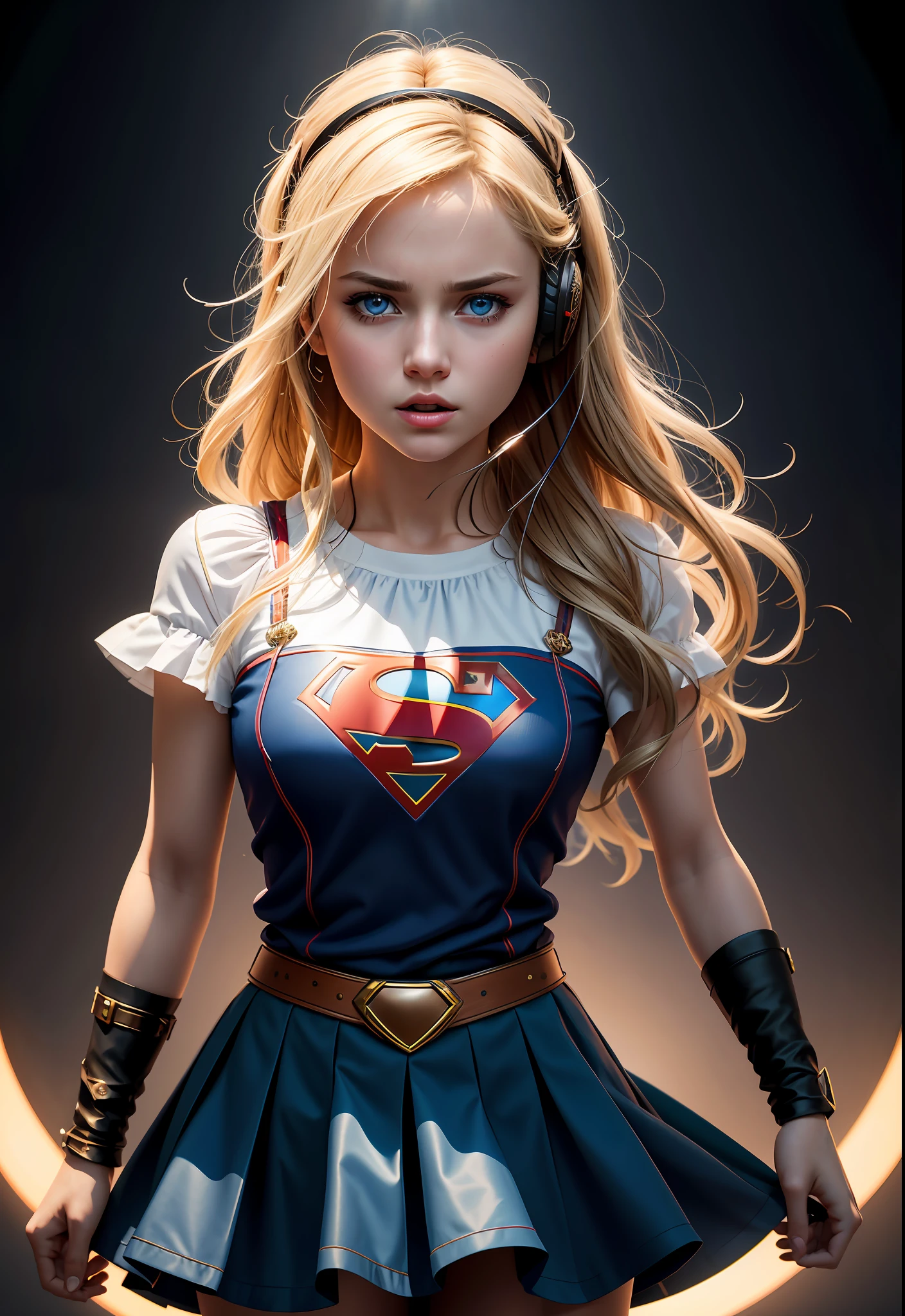 Highres, Shadows, Absurdres, best_quality, ultra_detailed, 8K, extremely_clear, Photography, Beautiful, Sharp Focus, HDR,
A cute pop singer Supergirl with blonde hair and symmetrical blue eyes holds a guitar and sings in headphones, wearing a pleated skirt, with a dynamic angle, captured in a highly detailed cowboy photo, exuding a melancholic emotion, with soft tones and a contrasting mix of light and shadow, all while emphasizing her hair, the eyes, mouth, and action of the subject in a composition that is both pleasing to the eye and thought-provoking.