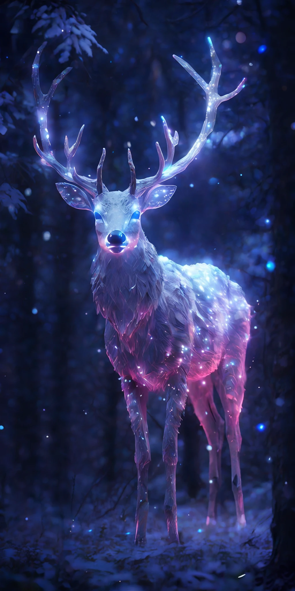 a close up of a deer with glowing antlers in a forest, 3d digital art 4k, digital art animal photo, digital artwork 4 k, holographic creatures, 4k highly detailed digital art, 8k high quality detailed art, 4k detailed digital art, 8 k ultra realistic animal, digital art 4k, digital art 4 k, detailed digital 3d art