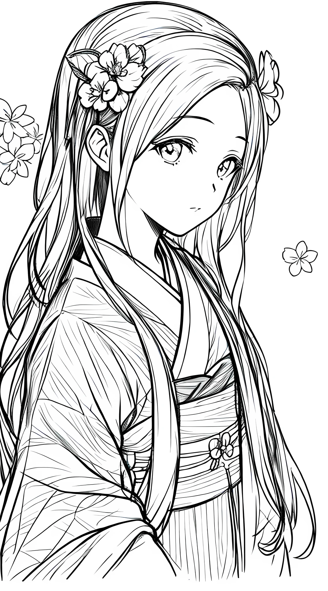 Masterpiece, Best Quality, 1girl,Head Closeup, Solo, Hanfu, Peach Blossom Background, White Background, Monochrome, Line Art, ((Sketch))