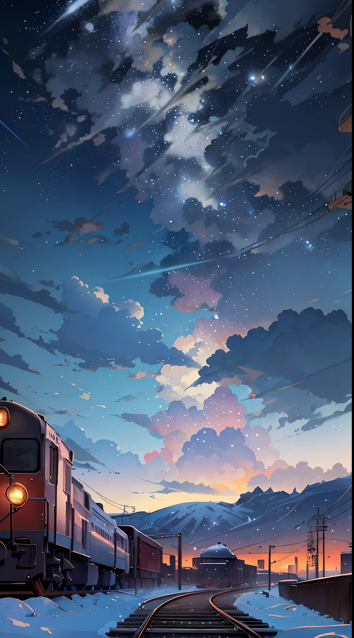 There is a train running along the tracks in the snow, Makoto Shinkai's concept art, tumblr, magic realism, beautiful anime scenes, cosmic sky. by makoto shinkai, ( ( makoto shinkai ) ), anime background art, anime backgrounds, Makoto Shinkai's style, anime movie backgrounds, galaxy express, no humans.
