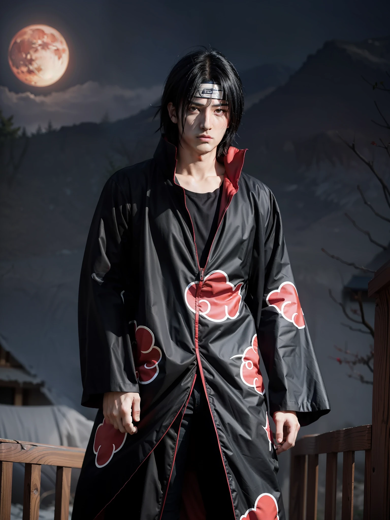 (Masterpiece), Uchiha Itachi (Best Quality), Ultra High Resolution, Professional Artwork, Super Detailed, Complex, Detailed Face, Perfect Lighting, 1 Boy, Black Hair, (Red Eyes, Glow Sharingan Eyes), Akatsuki Costume, Ninja, Black Cloak, Black Coat, Forehead Protection, (Collarbone), Mane, Head, Night, Night Sky, Crescent Moon, (Red Moon, Crow), Angry Face, Nasolabial Folds, Hand Marks, Outdoor, (Cowboy Lens, Long Shot)