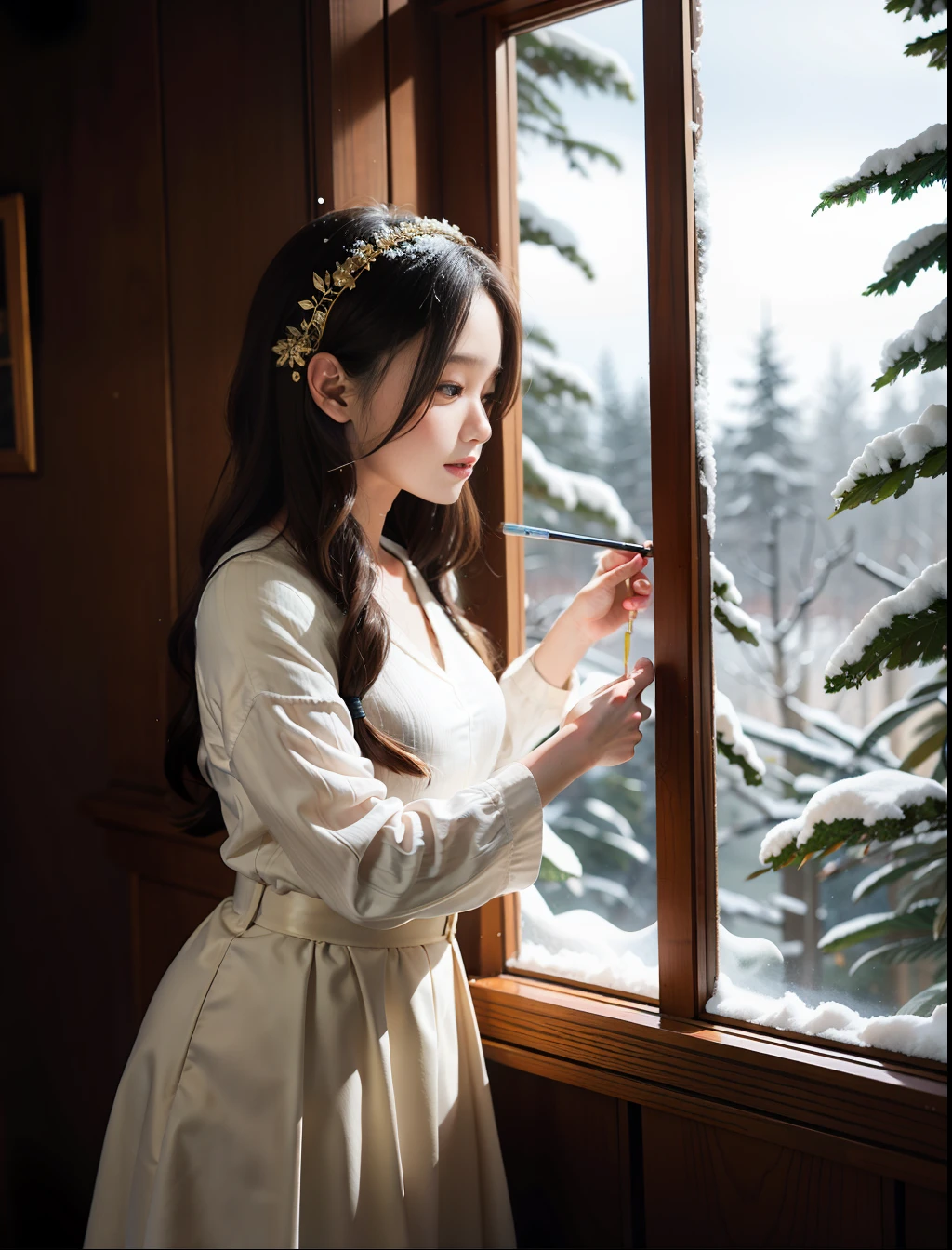 a lovely painting of a girl in the forest with light snow falling,