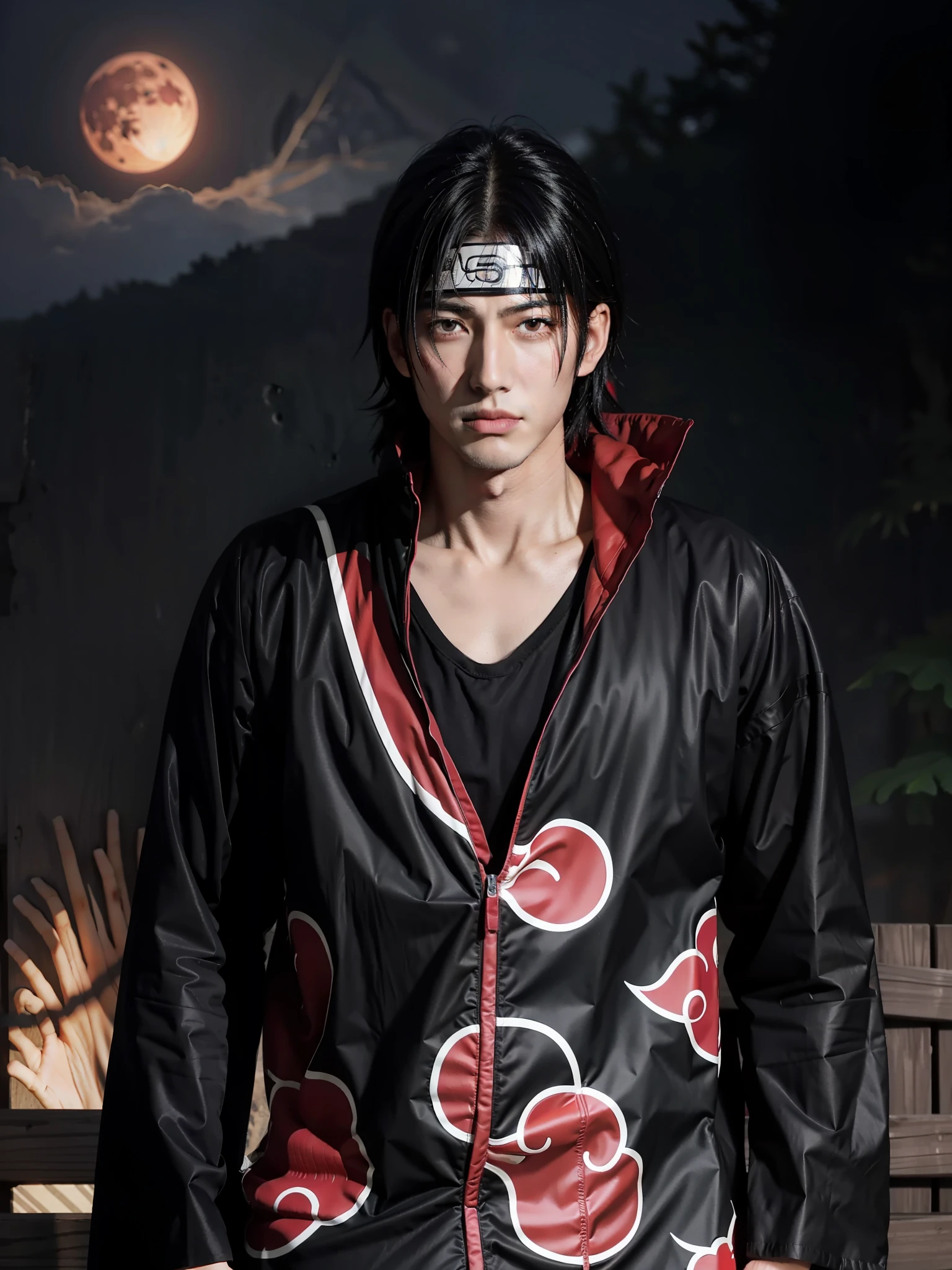 (Masterpiece), Uchiha Itachi (Best Quality), Ultra High Resolution, Professional Artwork, Super Detailed, Complex, Detailed Face, Perfect Lighting, 1 Boy, Black Hair, (Red Eyes, Glow Sharingan Eyes), Akatsuki Costume, Ninja, Black Cloak, Black Coat, Forehead Protection, (Collarbone), Mane, Head, Night, Night Sky, Crescent Moon, (Red Moon, Crow), Angry Face, Nasolabial Folds, Hand Marks, Outdoor, (Cowboy Lens, Long Shot)