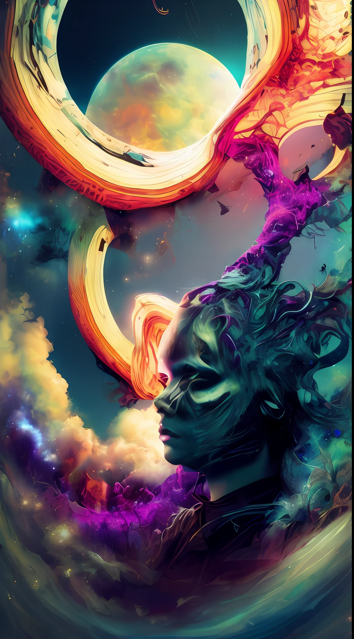 Incredible and spectacular scene, a "((high quality)), (detailed)), ((fantasy)), illustration, perspective (45 degree tilt angle), theme (enchanted forest style), scene elements (handsome boy, beautiful girl), picture quality (3D rendering effect), exquisite details, beautiful lights "emerge from glowing clouds, fractal nebula lines, cosmic entities, celestial bodies, universes, vibrant and vivid, swirling, rotating, impractical, high contrast, co-metabolic, magical, mysterious, mysterious, surreal, Oversaturated, colorful