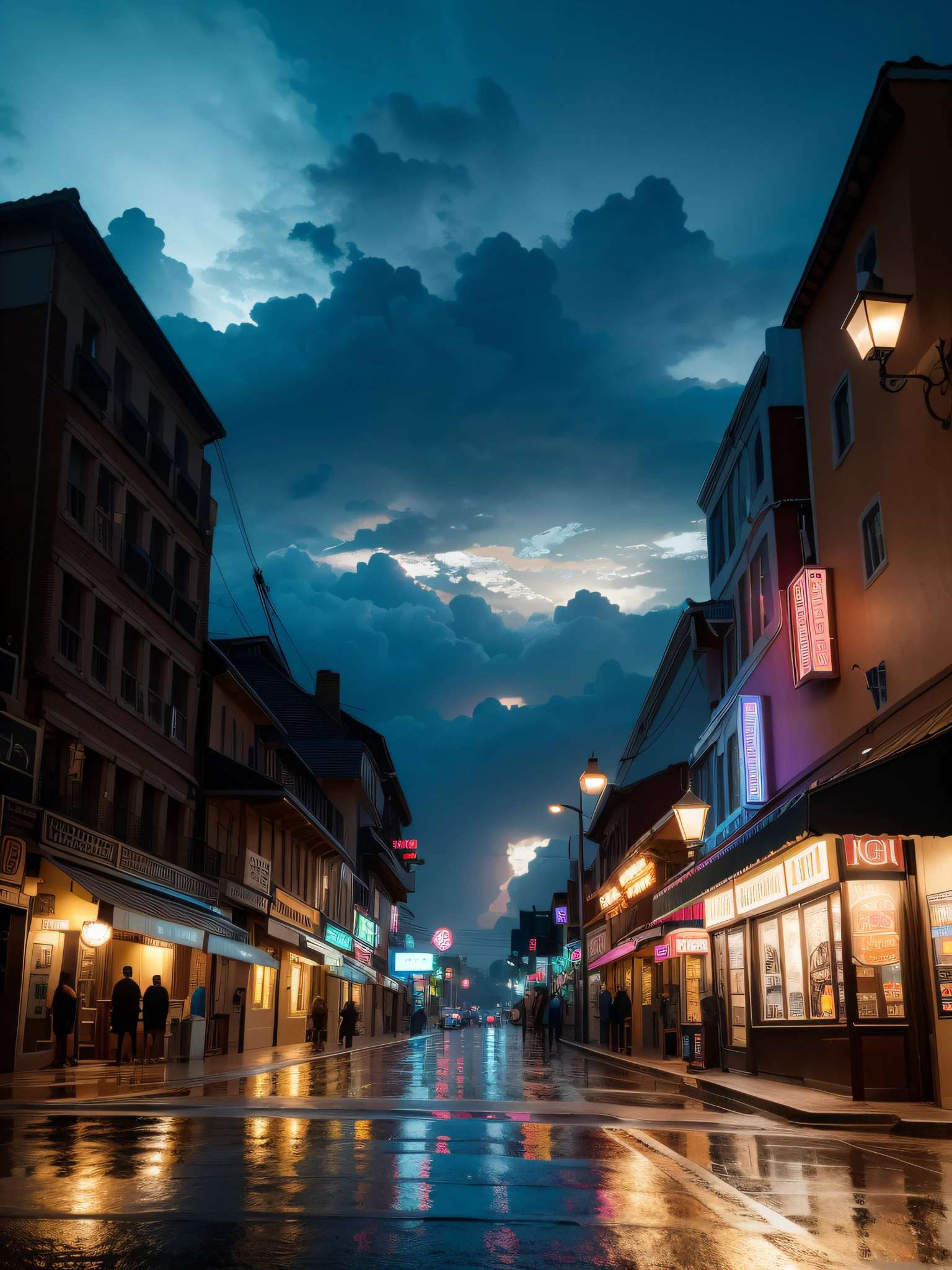 scenery, A highly detailed portrait of a street corner, during a rainstorm with lightning strikes and a cloudy sky, neon and cyberpunk background, a butterfly hovers near a street lamp, glowing, backlighting, masterpiece, best quality, intricate detail, absurdres, chromatic aberration, depth of field, professional photography, soft lighting, tone mapped, highly detailed, sharp focus, dramatic lighting, intricate details, cinematic, 8K, incredible shadows, realistic, (highly detailed background:1.0)