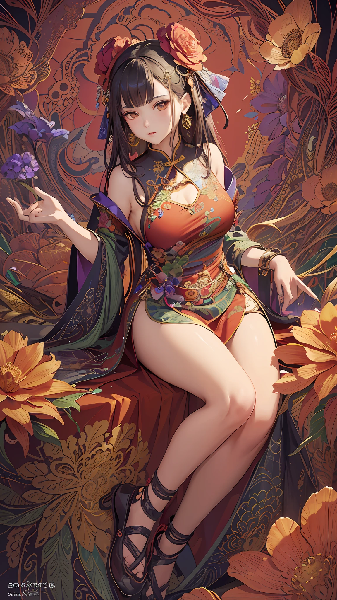 (masterpiece, top quality, best quality, official art, beautiful and aesthetic:1.2), (1girl:1.3), extremely detailed,(fractal art:1.1),(colorful:1.1)(flowers:1.3),highest detailed,(zentangle:1.2), (dynamic pose), (abstract background:1.3), (chinese dress:1.2), (shiny skin), (many colors:1.4), ,(earrings:1.4),