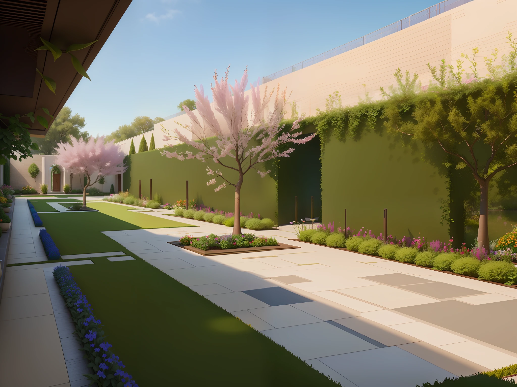 (Promenade + Architectural Landscape + Beautiful Garden + Fine Rendering: 1.5), (High Quality: 1.3 + Professional Level: 1.2), (Escape Rendering Technology + High Precision Rendering: 1.1 + True Beauty of Nature), Courtyard Scene: (Trees and Flowers + Vibrant + Detailed Presentation)