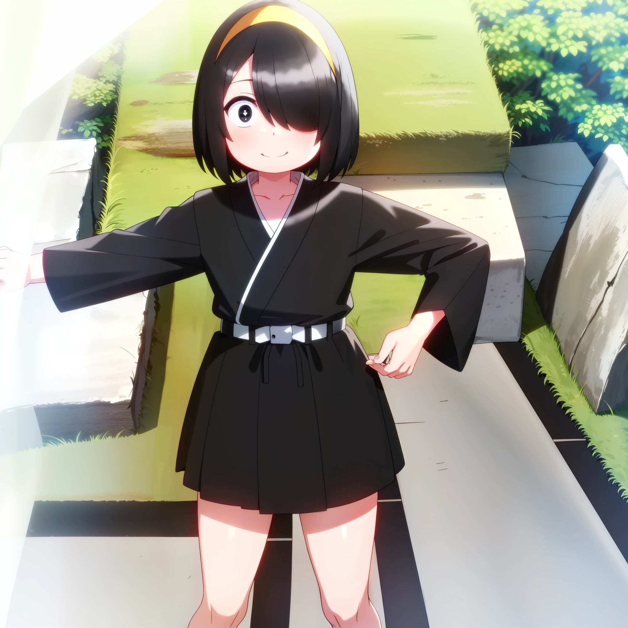 anime screencap, forest, path, young, kid, loli,
1girl, solo, hand on hip, short hair, black hair, black eyes, white pupils, japanese clothes, smile, looking at viewer, black kimono, hair between eyes, cowboy shot, wide sleeves, facing viewer, black hakama, white_sash, yellow hairband, hair cover one eye,