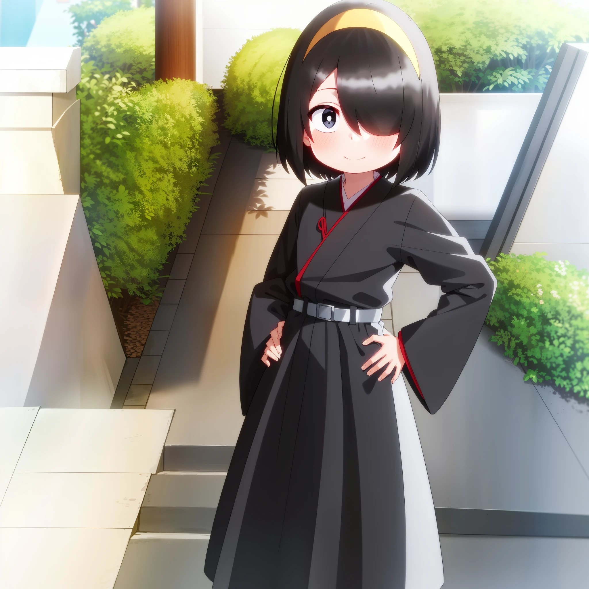 anime screencap, forest, path, young, kid, ****, 
1girl, solo, hand on hip, short hair, black hair, black eyes, white pupils, japanese clothes, smile, looking at viewer, black kimono, hair between eyes, cowboy shot, wide sleeves, facing viewer, black hakama, white_sash, yellow hairband, hair cover one eye,