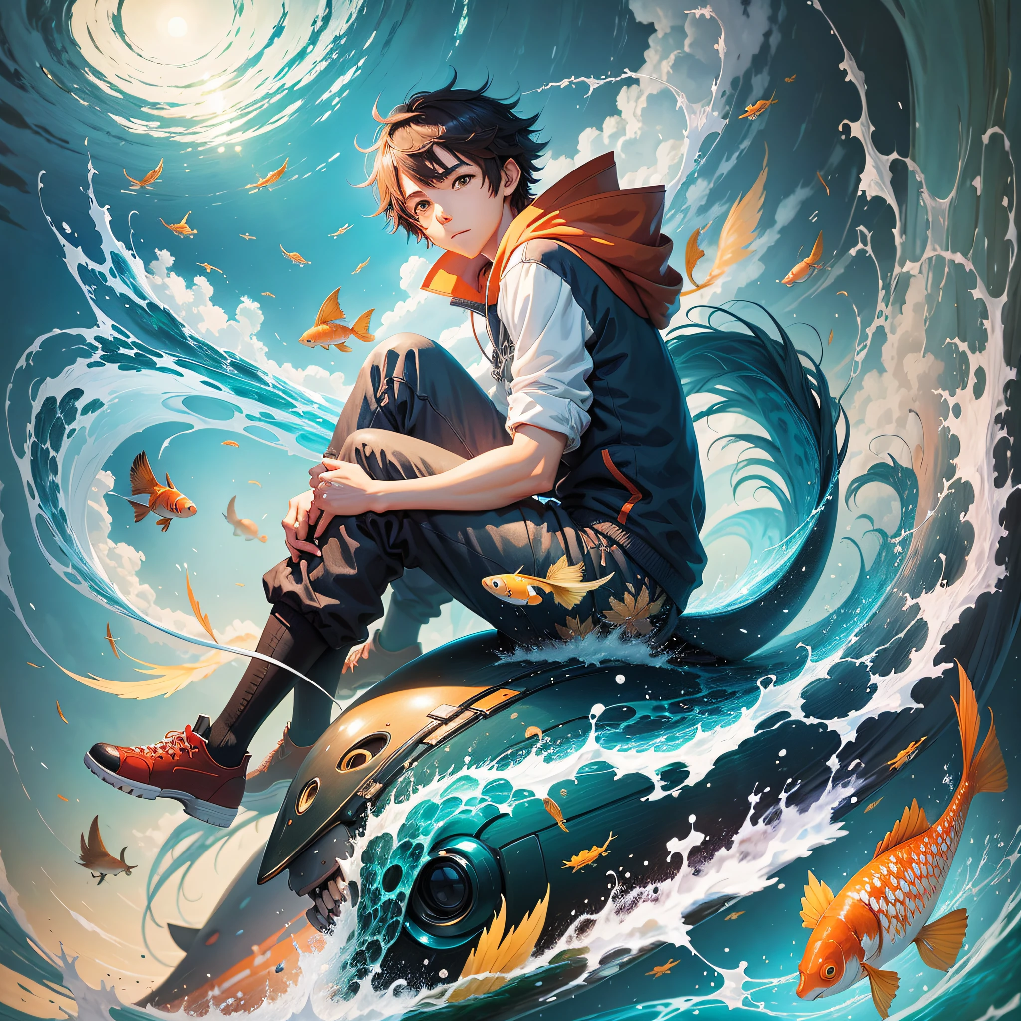 anime boy sitting on a fish with a bunch of fish around him, makoto shinkai cyril rolando, by Yuumei, rob rey and kentaro miura style, floating koi fish, inspired by Cyril Rolando, pixiv style, floating goldfish, inspired by Koson Ohara, miyazaki style, cyril rolando and goro fujita --auto --s2