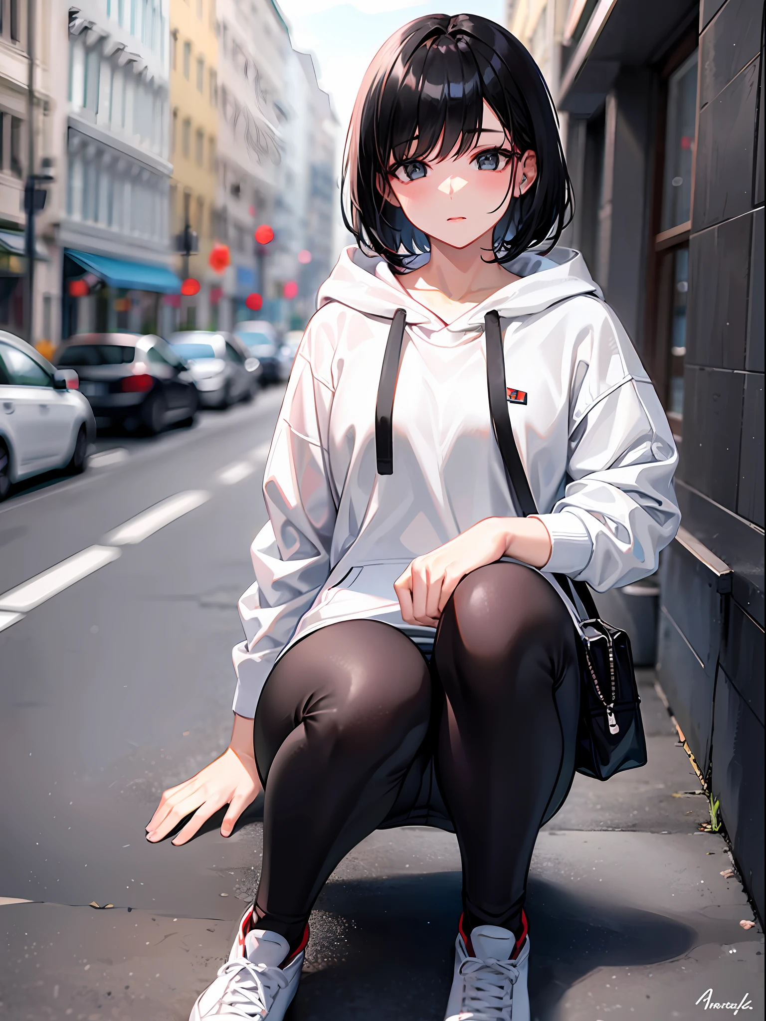 Short black hair, white jumper with black top, black hooded hoodie, black pants, white shoes with red bottom, girl, outdoors