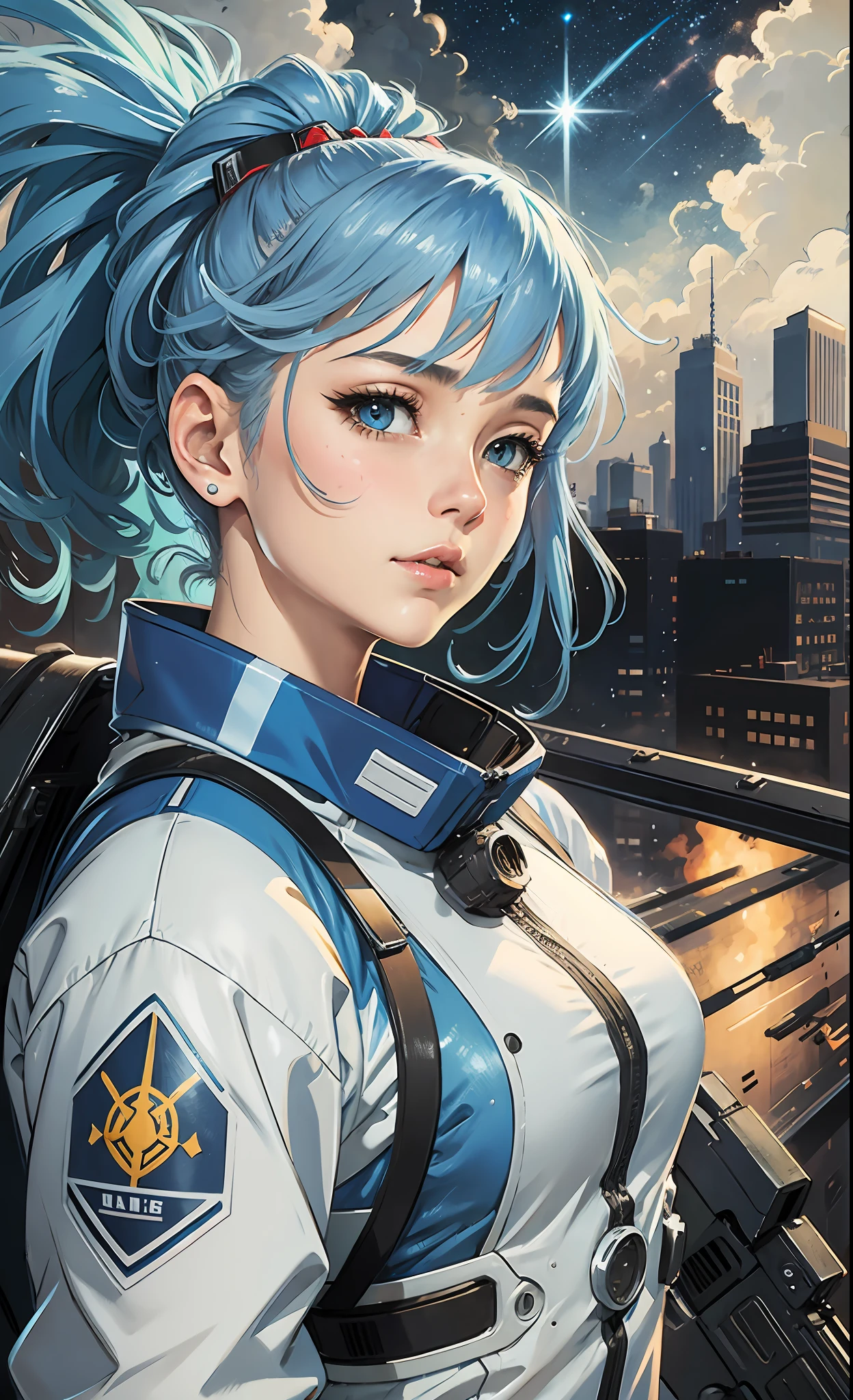 A girl, blue hair, ponytail, mecha, on the roof, gunfire filled the sky