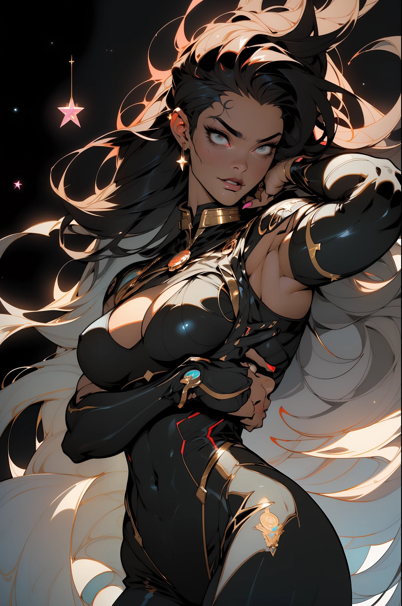 ((Best quality)), ((masterpiece)), (detailed: 1.4), (Absurd), muscular woman of 35 years, black kinetic skin with (((exposed black muscles)))), hot woman, sculptural body with defined muscles, closed mouth, muscular body covered by a micro thong, whole body covered by Genesis evangelion neon style clothing, (((large breasts)), (eyes with heavy and very black makeup), (((unkempt hair)), (stars covering the body), ((drawings of golden stars on the arms)), very long eyelashes, heavy eye makeup, lots of jewelry, by mucha, niji --V5, close to real, psychopath, crazy face, sexy pose, 2 piece clothes, pastel, centered, scale to fit the dimensions