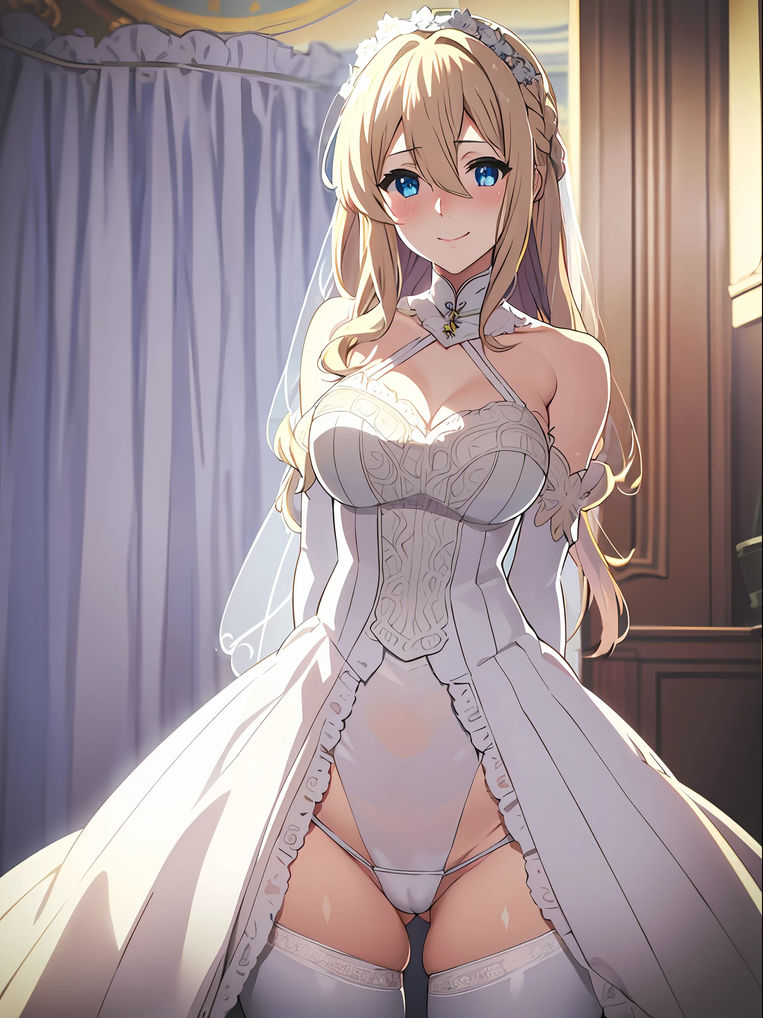 violet evergarden, masterpiece, best quality, 1girl, solo, blonde hair, blue eyes, braid, hair between eyes, looking at viewer, blush, (seductive_smile), wedding dress, white dress, bride, white gloves, bridal veil, white thighhighs,, see through panties, spread legs, cameltoe)), presenting