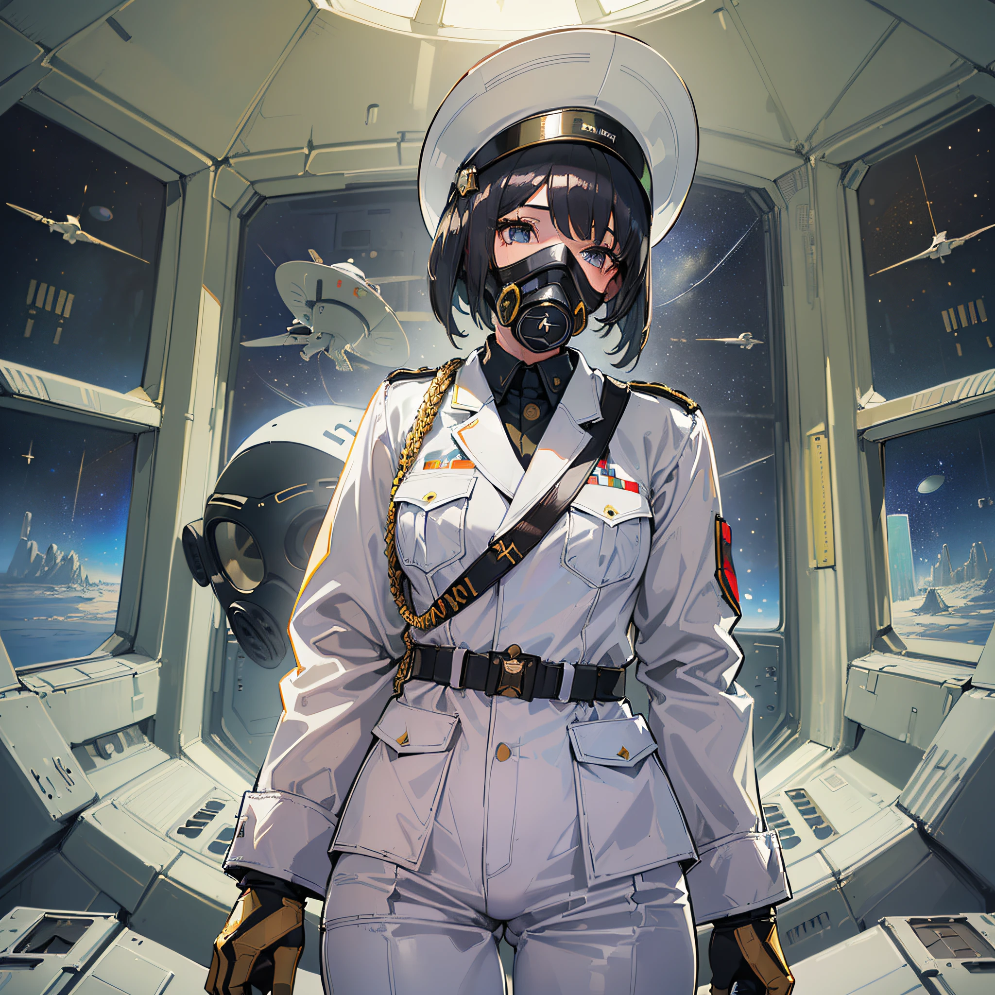 ((Masterpiece)), ((High Quality)), ((Best Quality)), (Illustration of one girl), Full body, Black hair bobcut, (((Gas mask covering face)), ((Tall)), ((Military uniform)), ((Military uniform)), ((Military Uniform)), ((Military Hat)), (White Clothes), (White Trousers), (White Hat), ((Inside a Spaceship)), (Outside the window, space, Earth seen from space)
