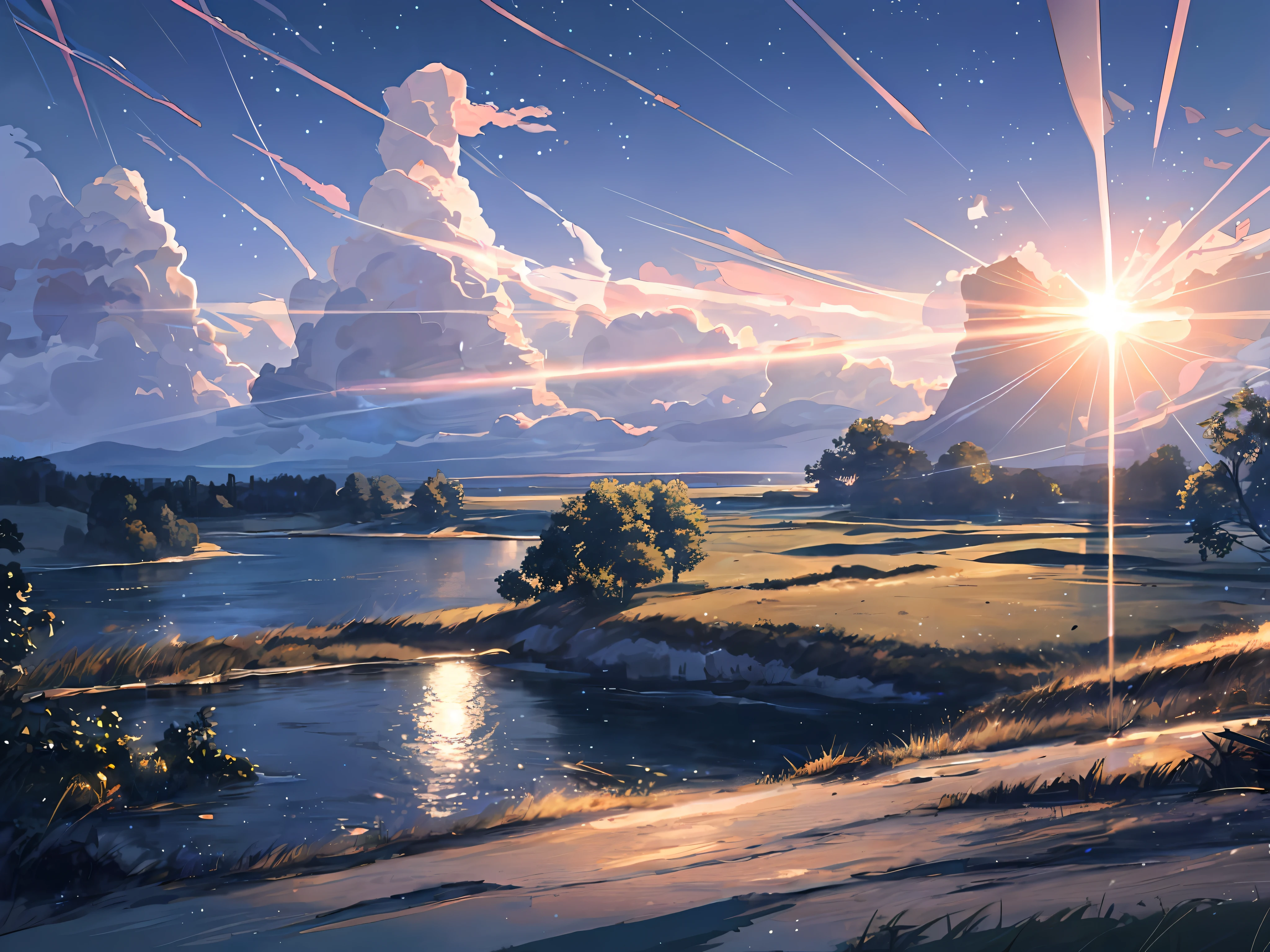 Sunset setting on river, beautiful picture of sky background, landscape anime wallpaper. It features the scenery of Makoto Shinkai and Los Tran like the sky of space. Wlop, Rhads, Silvan Salarail, Greg Rutkowski, and Cyril Roland provided inspiration. It features anime landscapes, anime countryside landscapes, and highly detailed Makoto Shinkai digital art in 4K.