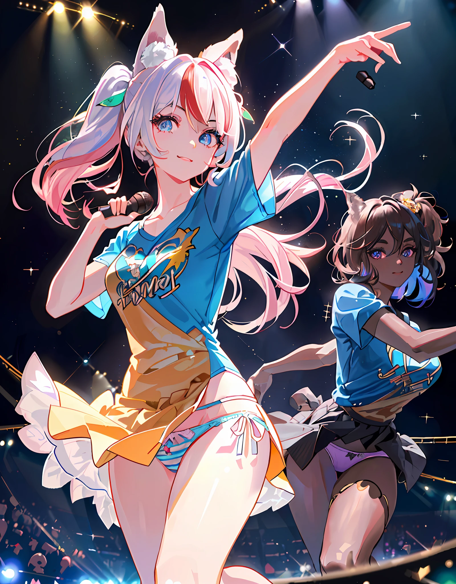 Masterpiece, ((((Detailed eyes and detailed face: 1.2), Dynamic Angle, ((((Detailed eyes and detailed face: 1.2)))))), (Perfect human hand, super detailed human five fingers)))), ((Perfect human foot)), Upper body, 1 or 2 girls, Smile, Wolf ears, Wolf tail, Pink eyes, hair between eyes, (Wink))), D cup, cleavage, striped hair, ( (Variegated hair color: 1))))), ((((Random hair color: 1)))), Variegated hairstyle: 1, twin tails, ultra-detailed gradient hair, ((T-shirt with kagenari letters)))), professional designer, fashion leader, ruffled dress, love live, jewelry, backstage, best stage, climax, professional stage, ( Holding the microphone with your left hand and singing emotionally, overflowing emotions, the best smile))), singer, vocalist: 1, idol, diva, professional stage, professional lighting, live lighting, averting gaze, fan service: 1, ((((satellite photo seen from the audience)))), ((((Panchira, cute panties))))
