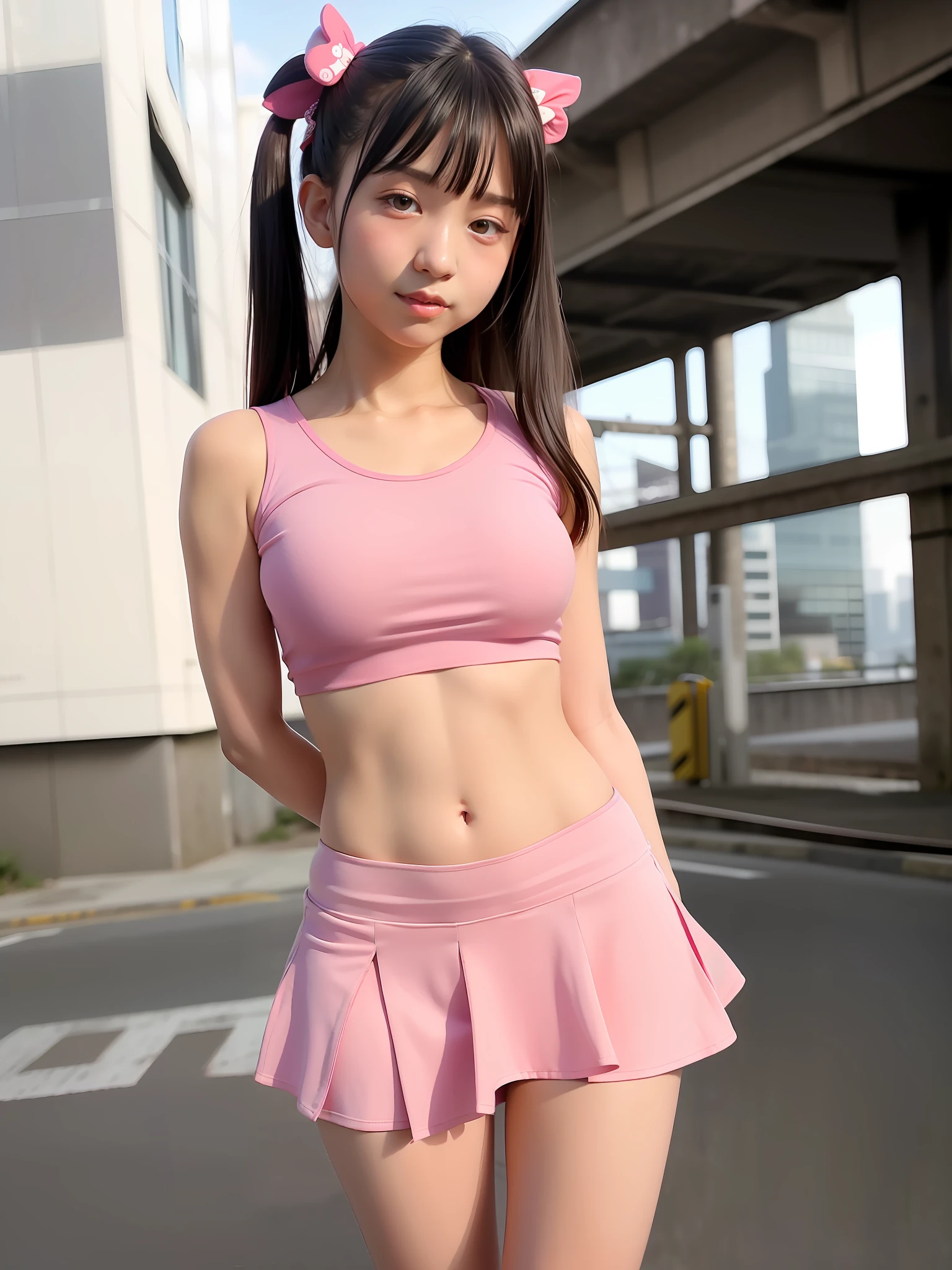 frilly pink skirt, pink crocs shoes, twin tails,red backpack,tshirt, solo, woman, (pyoapplev1:1.05), pyoapple, (parted lips,light smile),(shiny skin:1.1),blush, ((bangs)), long hair,skindentation, ((slim skinny body)), (long legs), model figure,  best quality, ultra high res, (photorealistic), (detailed face and eyes), industrial slum cyberpunk dystopia background,