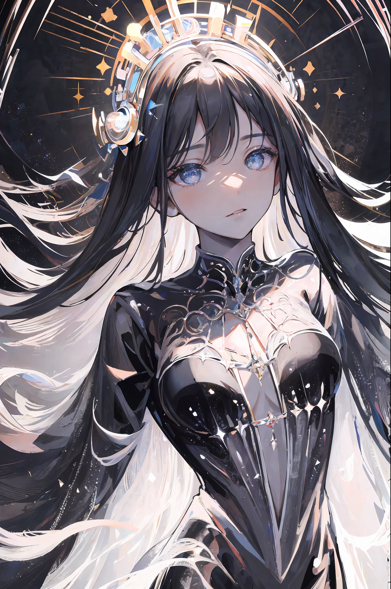 ((Masterpiece, Superb, Super Detailed, High Resolution)), solo, beautiful girl, sparkling eyes, perfect eyes, 15 years old, black and white gold theme,