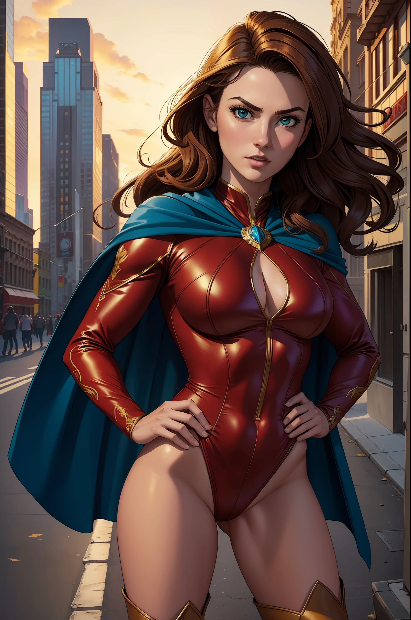 ((best quality)), ((masterpiece)), ((ultra realistic)), (dynamic heroic pose), american, beautiful detailed face, detailed eyes, sexy reporter, dressed in a red leotard, new york city backdrop, highly detailed, professional, bare legs, (full body costume design), hands on hip, standing, brown hair, medium hair, green eyes, matching boots, long sleeves, yellow hawk-shaped crest engraved on chest, blue cape, cowboy shot,
