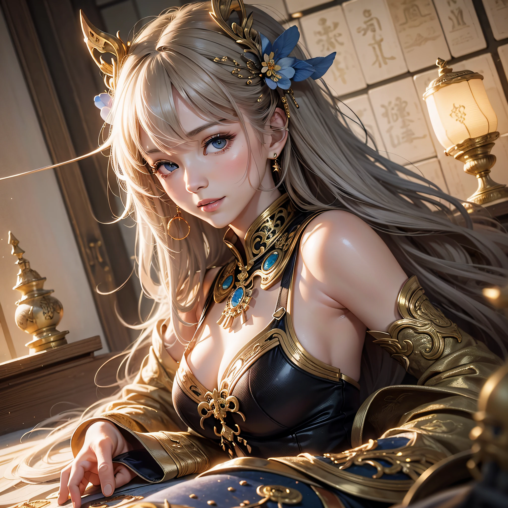 (RAW Photo, Best Quality), (Realistic, Photo Real: 1.3), Best Quality, Highly Detailed, Masterpiece, Ultra Detailed, Illustration, 1 Girl, upper_body, Dynamic Angle, World Mastery Theater, messy_long_hair, Best Quality, Extremely Detailed CG Uniform 8k Wallpaper, Ink, Amazing, Sexy, Peach Blossom Eyes, Smile, Movie Lights, lens_flare, dunhuang_style
