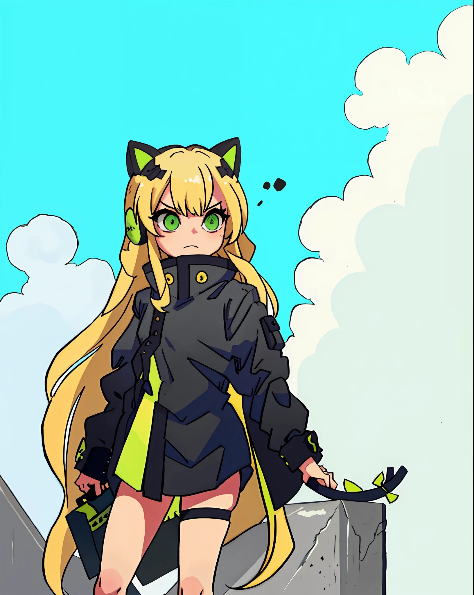 Girl, blonde hair, green eyes, with black sweatshirt, anime