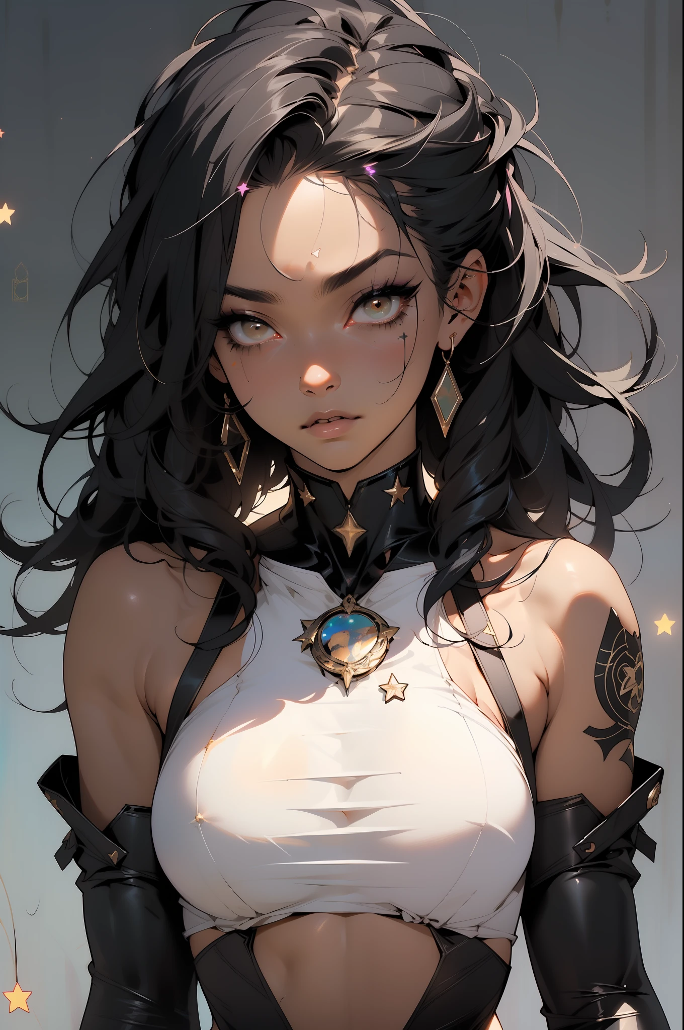 ((Best quality)), ((masterpiece)), (detailed: 1.4), (Absurd), muscular woman of 35 years, black kinetic skin with (((exposed black muscles)))), hot woman, sculptural body with defined muscles, closed mouth, muscular body covered by a micro thong, whole body covered by Genesis evangelion neon style clothing, (((large breasts)), (eyes with heavy and very black makeup), (((unkempt hair)), (stars covering the body), ((drawings of golden stars on the arms)), very long eyelashes, heavy eye makeup, lots of jewelry, by mucha, niji --V5, close to real, psychopath, crazy face, sexy pose, 2 piece clothes, pastel, centered, scale to fit the dimensions