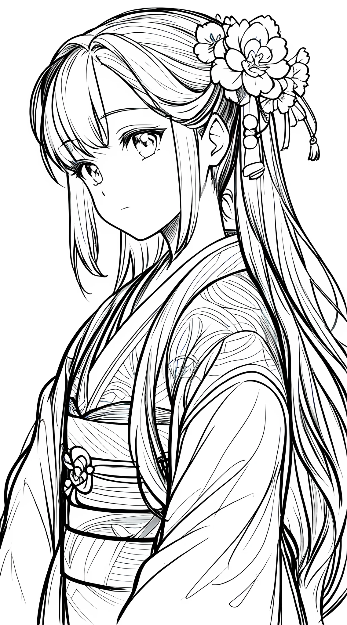 Masterpiece, Best Quality, 1girl,Head Closeup, Solo, Hanfu, Peach Blossom Background, White Background, Monochrome, Line Art, ((Sketch))