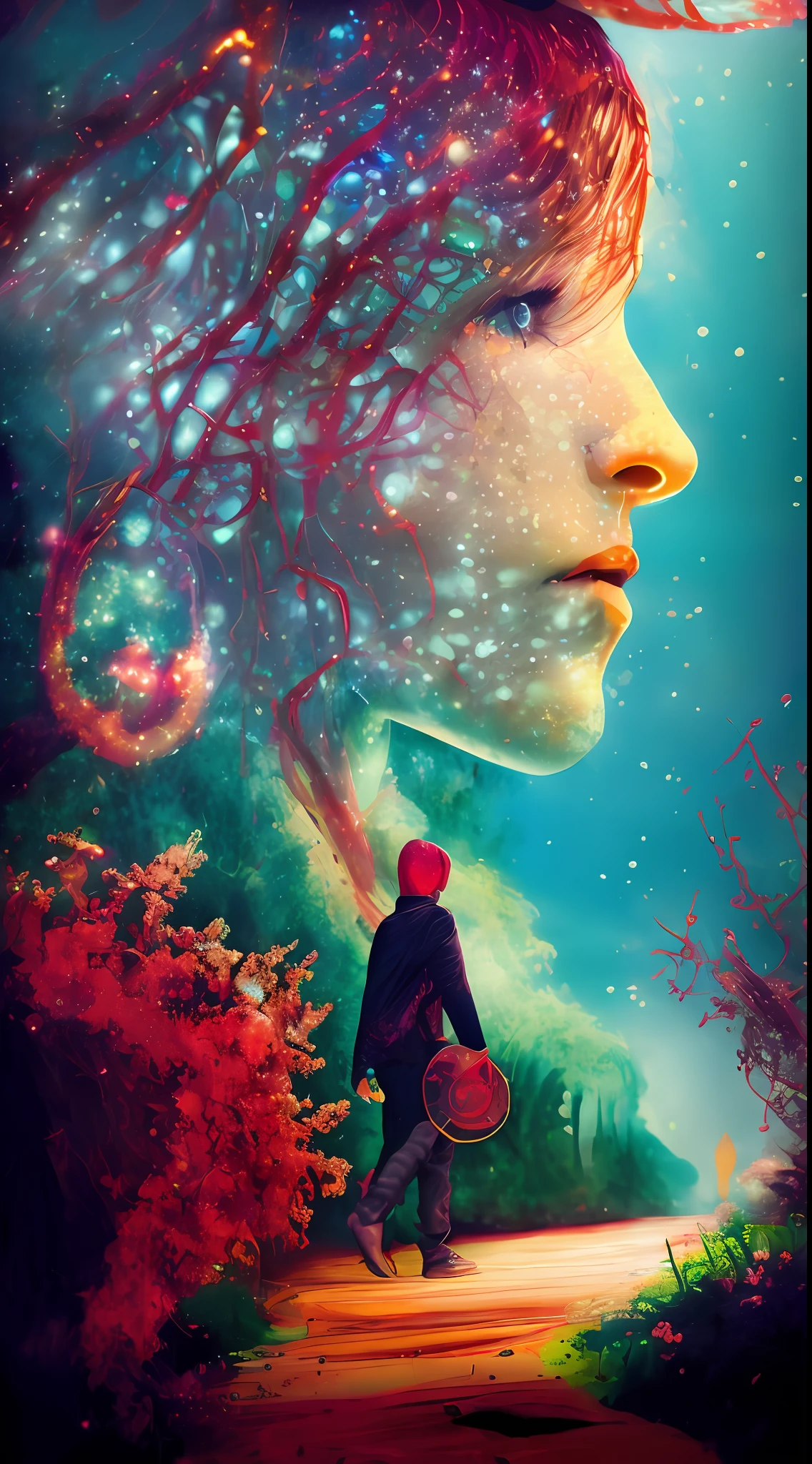 Incredible and spectacular scene, a "((high quality)), (detailed)), ((fantasy)), illustration, perspective (45 degree tilt angle), theme (enchanted forest style), scene elements (handsome boy, beautiful girl), picture quality (3D rendering effect), exquisite details, beautiful lights "emerge from glowing clouds, fractal nebula lines, cosmic entities, celestial bodies, universes, vibrant and vivid, swirling, rotating, impractical, high contrast, co-metabolic, magical, mysterious, mysterious, surreal, Oversaturated, colorful