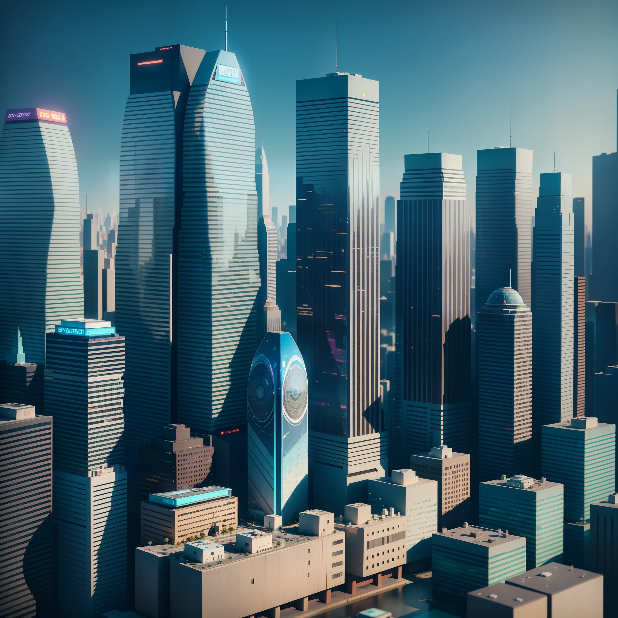Cityscape, government agencies, digital regulatory systems, data analytics, artificial intelligence, smart cities, blind box toy style, high detail, ray tracing, stereogram, three sided view, Op art, 8k, high details, high quality, 8k, masterpiece, ccurate, best quality --auto --s2