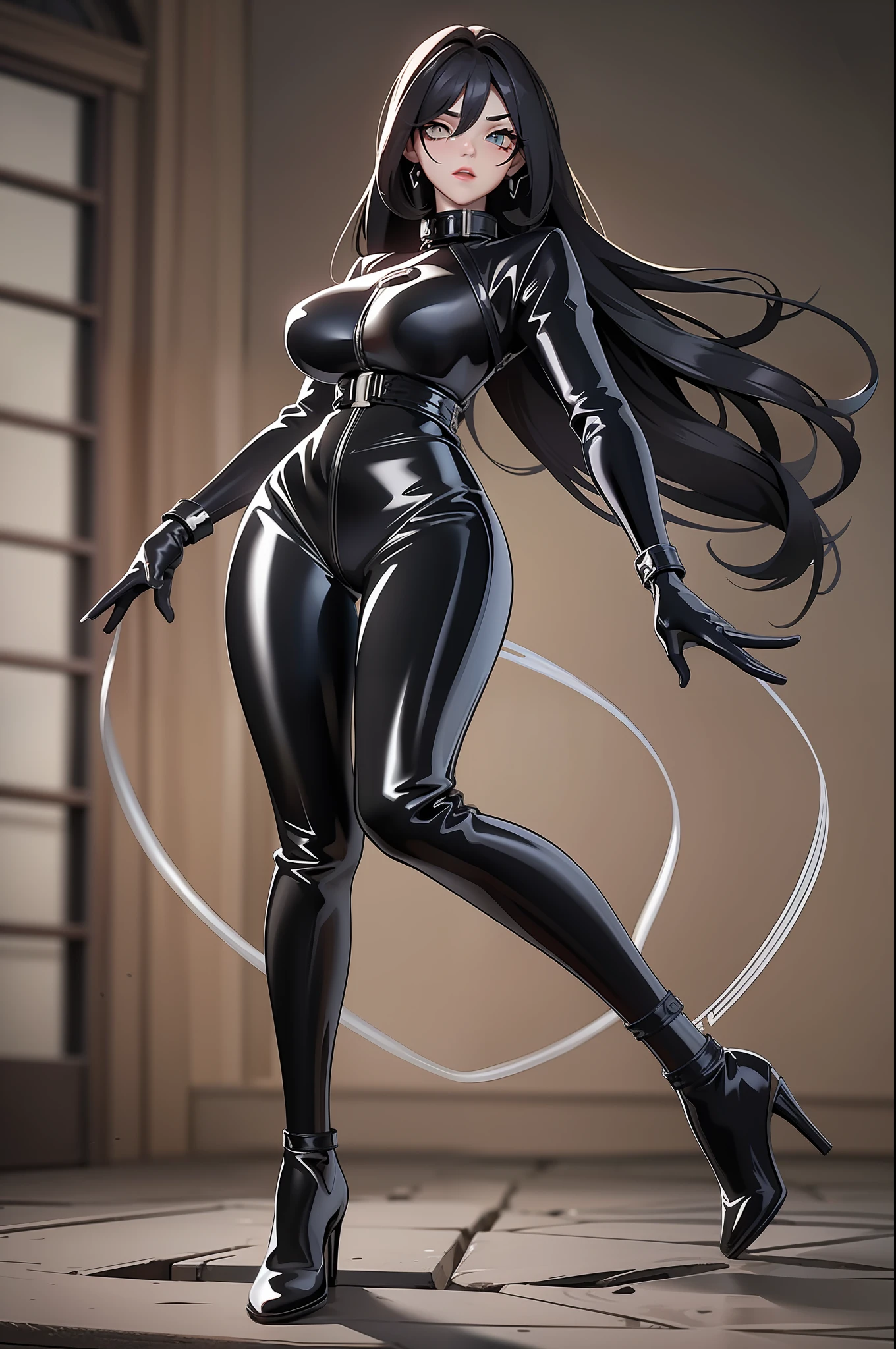 full body picture Unreal Engine 5 8K UHD of beautiful women, wearing tight latex catsuit covered whole body, latex mask, latex collar, corset, latex body harness and lace, arm and leg cuffs, blindfold, latex long glove, best quality, masterpiece