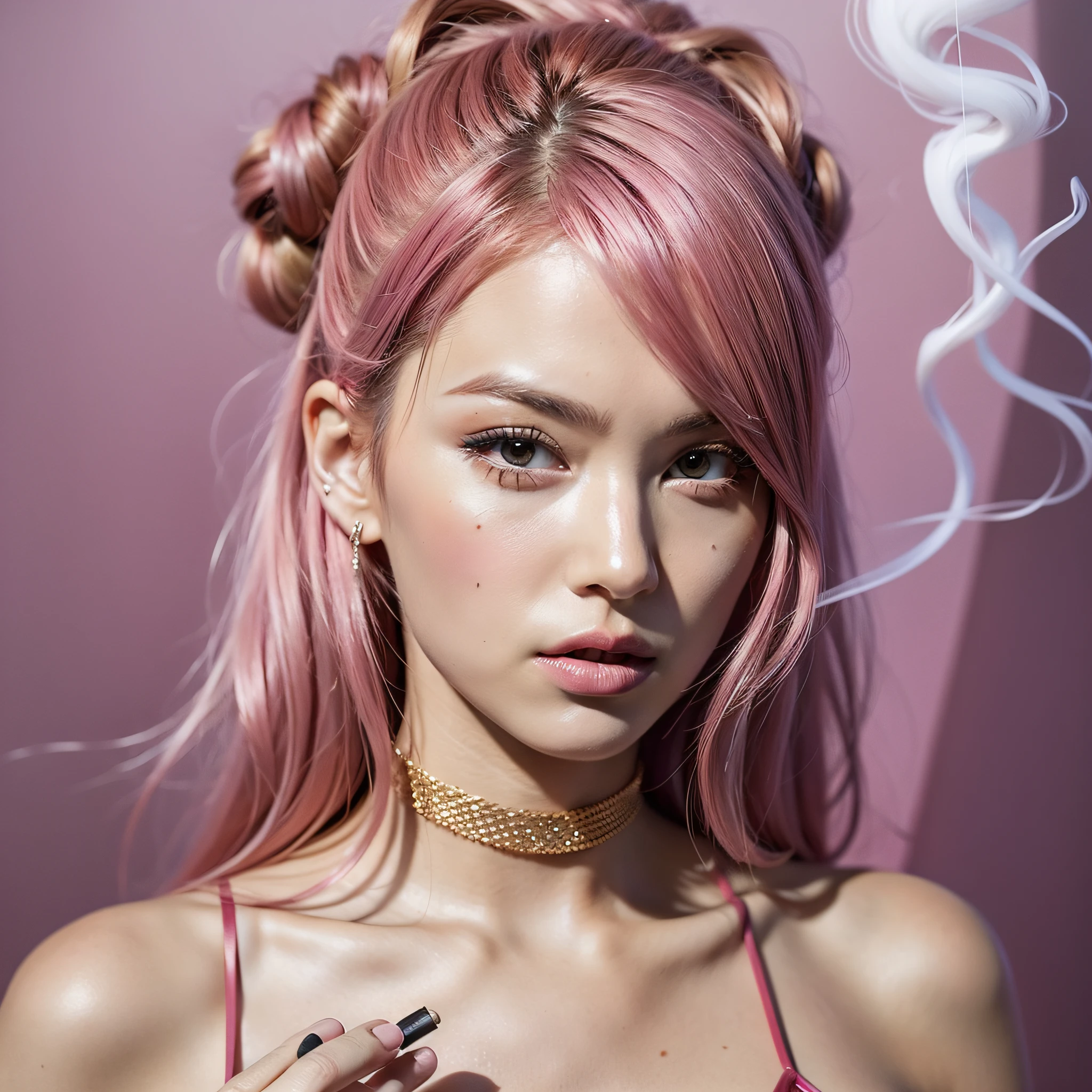 1girl, close-up, selfie, pink hair, medium hair, smoking cigarette, woman, realistic, very detailed, complex
