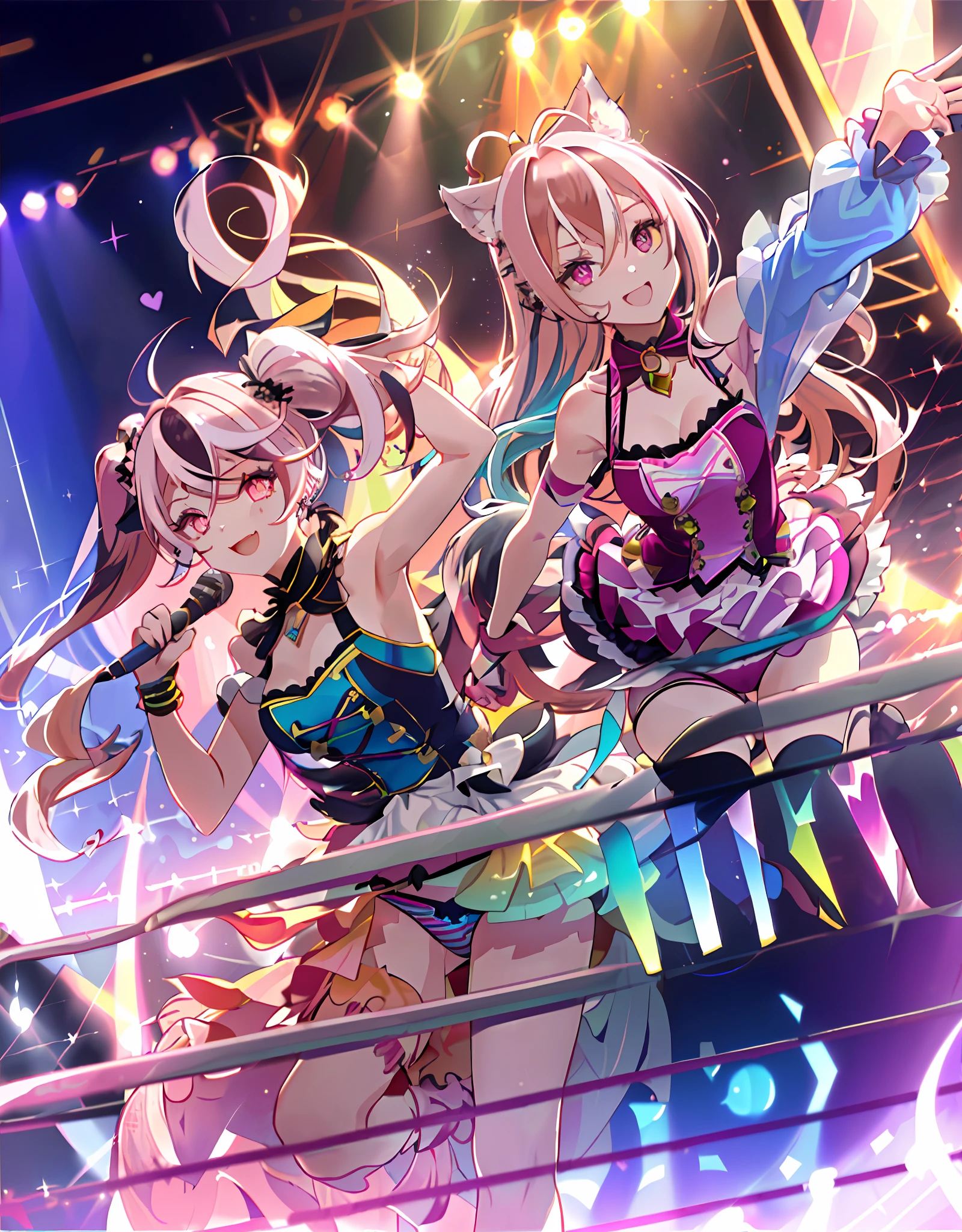 Dynamic Angle, Upper Body, One Girl, Smile, Wolf Ears, Wolf Tail, Pink Eyes, Hair Between Eyes, (((Wink)))), D Cup, Cleavage, Striped Hair, (((((Colorful hair color: 1)))), Variegated Hairstyle: 1, Twin Tails, Ultra-detailed Gradient Hair, Idol Costume, Professional Designer, Ruffled Dress, Love Live, Jewelry, Backstage, Best stage, climax, professional stage, (((Sing emotionally with your left hand holding the microphone, overflowing emotions, best smile))), singer, vocalist: 1, Idol, diva, professional stage, professional lighting, live lighting, distracting, fan service: 1, ((satellite photo seen from the audience)))), (((((Panchira, cute panties))))