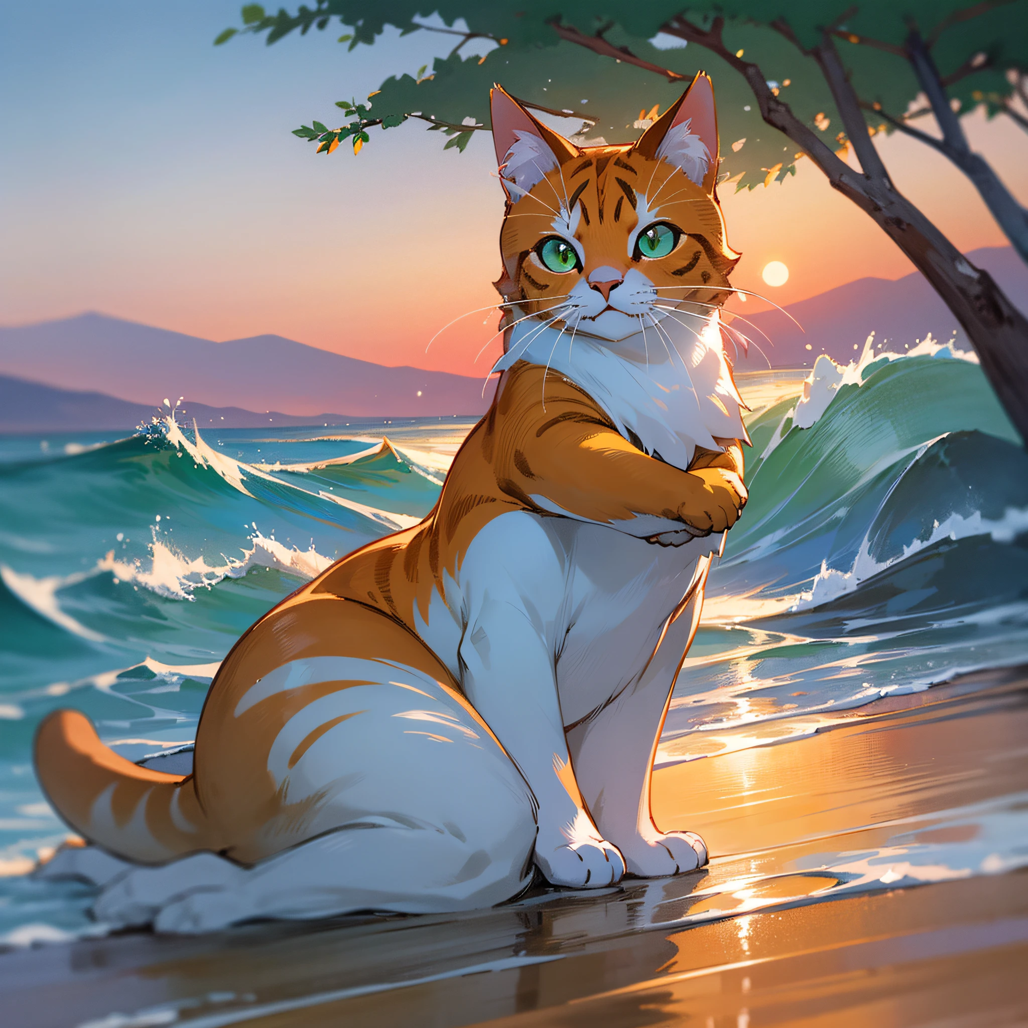 (masterpiece), the best quality, ultra-high detail picture. An orange cat stretches out on the beach, facing the sea, the dawn sun rising behind it. The breeze is gentle, the waves are gentle, and the waves are sparkling; In the distance, green mountains and trees and white clouds float above the sky. The whole picture is immersive, fresh and natural, and pleasant. --auto --s2