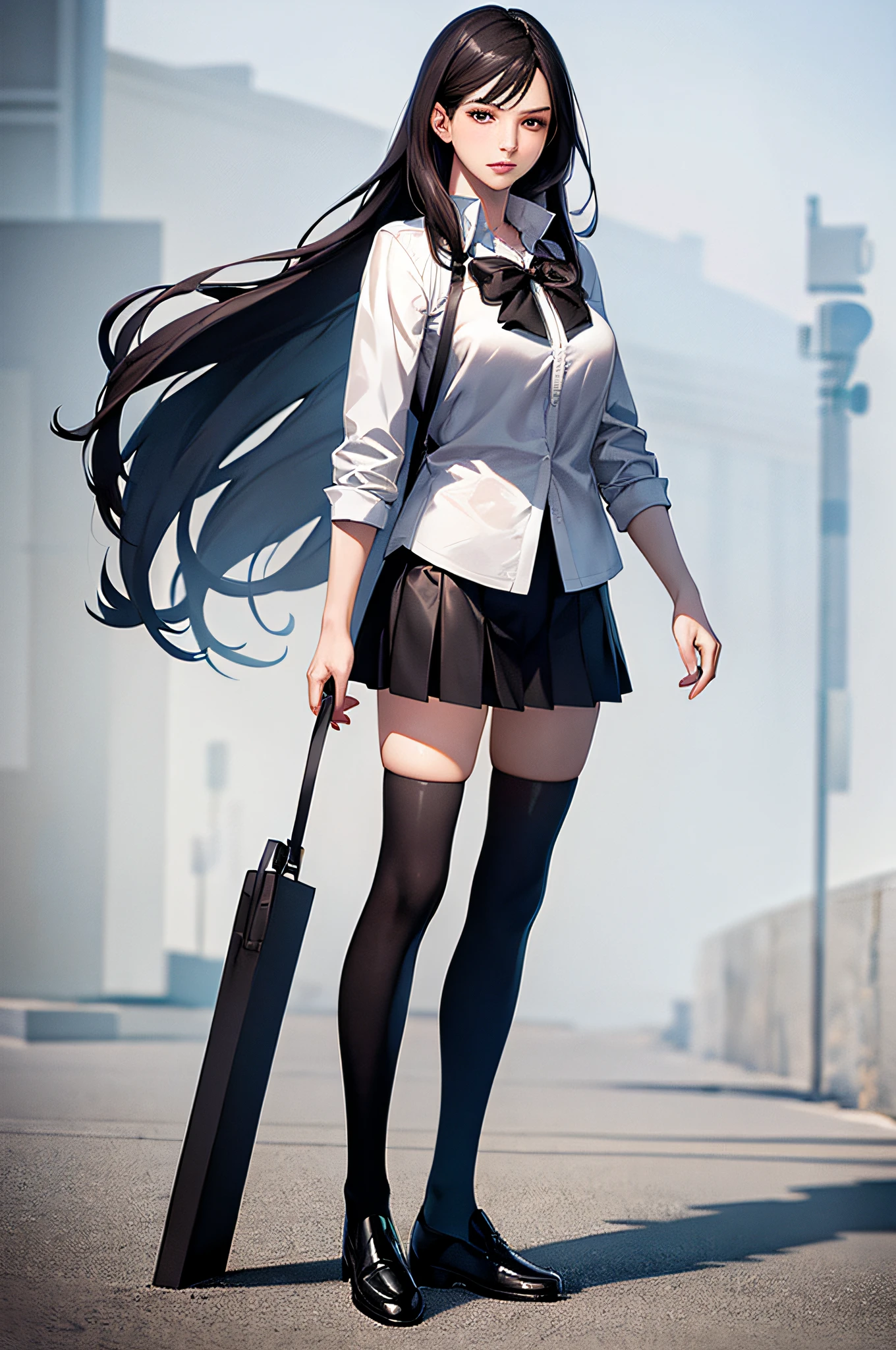 ((masterpiece, best_quality)), 1girl, (photorealistic:1.4),  solo, white_background, black_hair, long_hair,   zettai_ryouiki, skirt, ((full_body)),