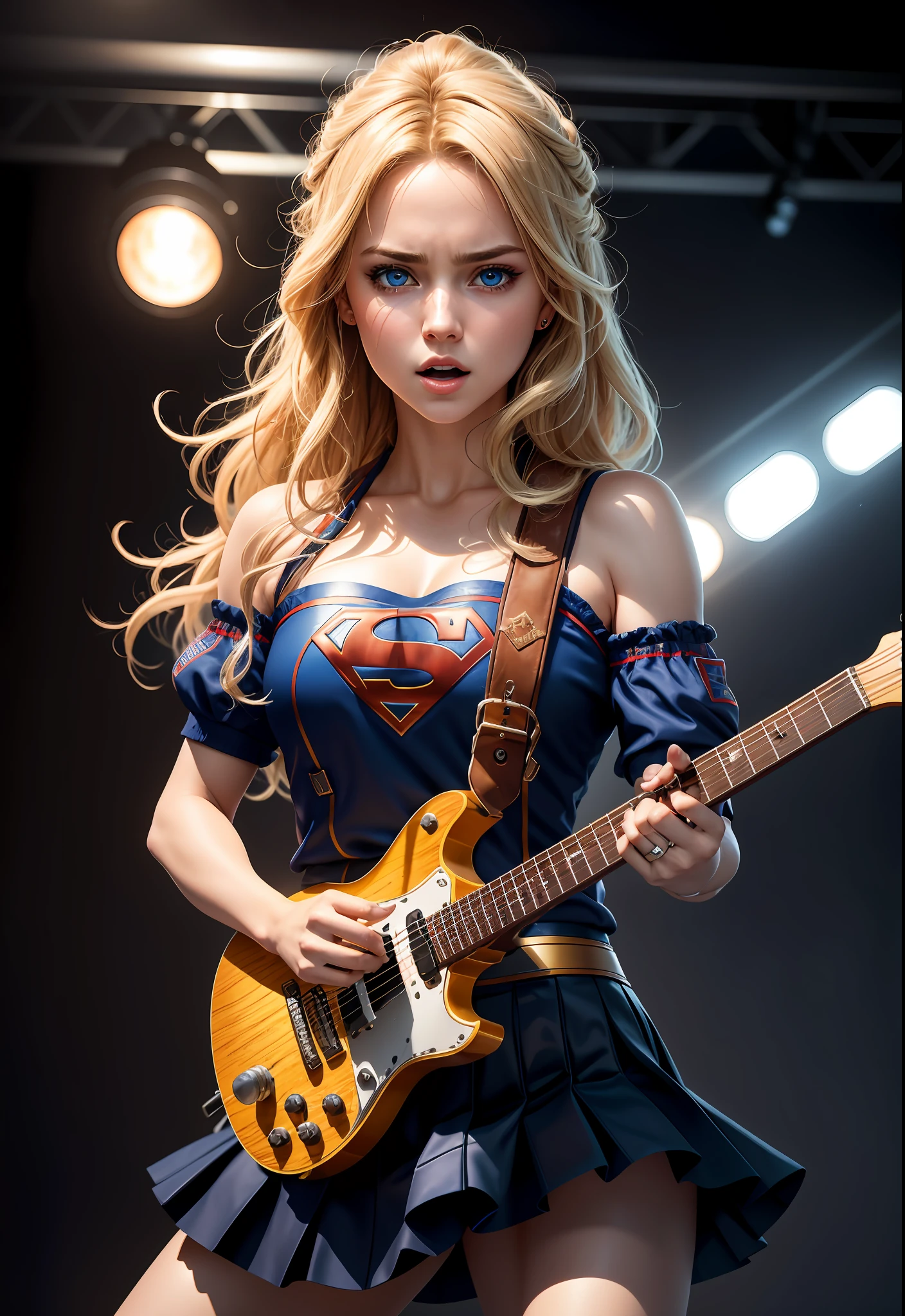 Highres, Shadows, Absurdres, best_quality, ultra_detailed, 8K, extremely_clear, Photography, Beautiful, Sharp Focus, HDR,
A cute pop singer Supergirl with blonde hair and symmetrical blue eyes holds a guitar and sings in headphones, wearing a pleated skirt, with a dynamic angle, captured in a highly detailed cowboy photo, exuding a melancholic emotion, with soft tones and a contrasting mix of light and shadow, all while emphasizing her hair, the eyes, mouth, and action of the subject in a composition that is both pleasing to the eye and thought-provoking.