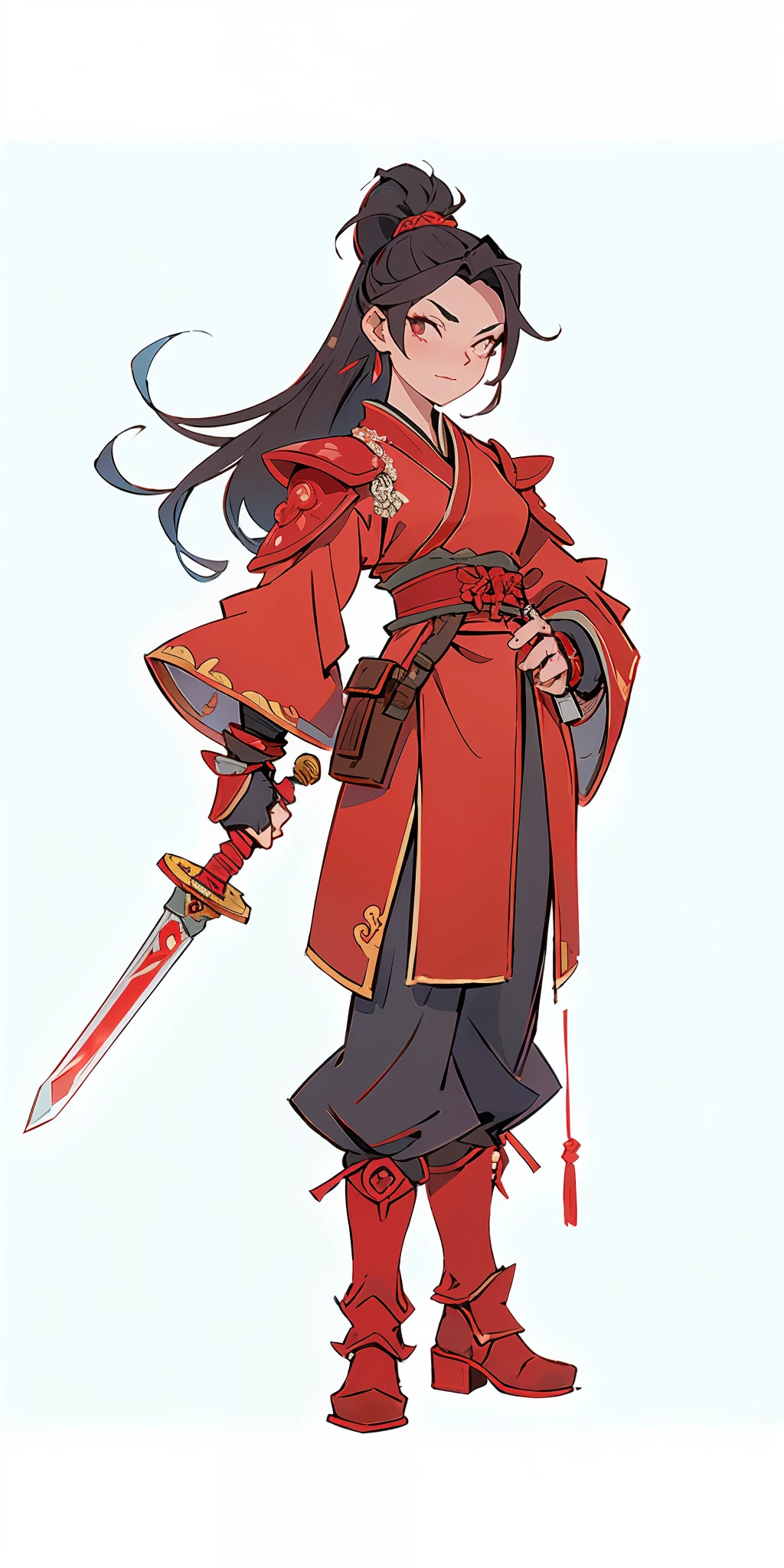 An ancient Chinese female general with a sword in her hand, cold expression, full body, amazing facial features, red robe, armor, boots, dynamic particle effects, game model, stunning lighting, C4D, OC rendering, movie edge light, fine light, masterpiece, super detailed, epic composition, super HD, high quality, highest quality, 32k