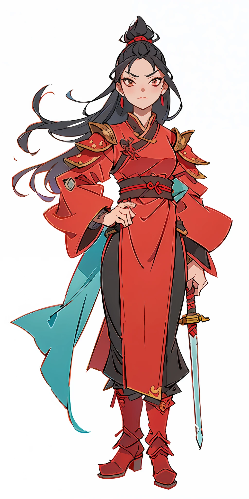 An ancient Chinese female general, sword in hand, grim expression, full body, clear facial features, amazing facial features, red robe, armor, boots, game model, stunning lighting, C4D, OC rendering, cinematic edge light, delicate light, masterpiece, super detailed, epic composition, super HD, high quality, highest quality, 32k