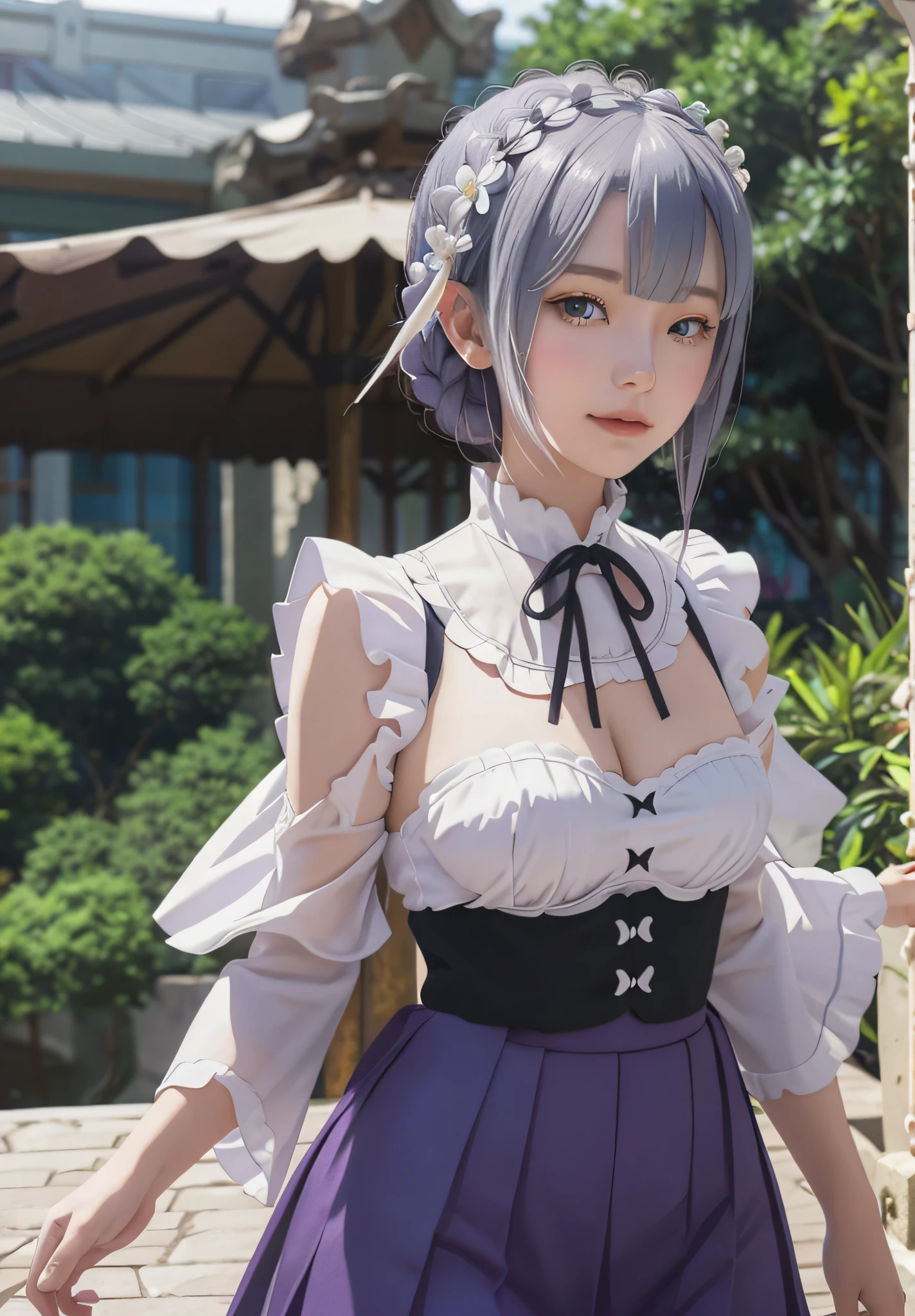 Emilia, 
masterpiece, best quality, 
1girl, bangs, bare_shoulders, blunt_bangs, blurry, blurry_background, blurry_foreground, blush, braid, breasts, cleavage, closed_mouth, cloud, crown_braid, day, depth_of_field, detached_sleeves, dress, emilia_\(re:zero\), eyebrows_visible_through_hair, flower, gem, hair_flower, hair_ornament, hair_ribbon, lens_flare, long_hair, looking_at_viewer, low-tied_long_hair, medium_breasts, one_eye_closed, outdoors, pleated_skirt, pointy_ears, purple_eyes, purple_ribbon, ribbon, silver_hair, skirt, sky, smile, solo, very_long_hair, white_flower, BREAK, white hair,