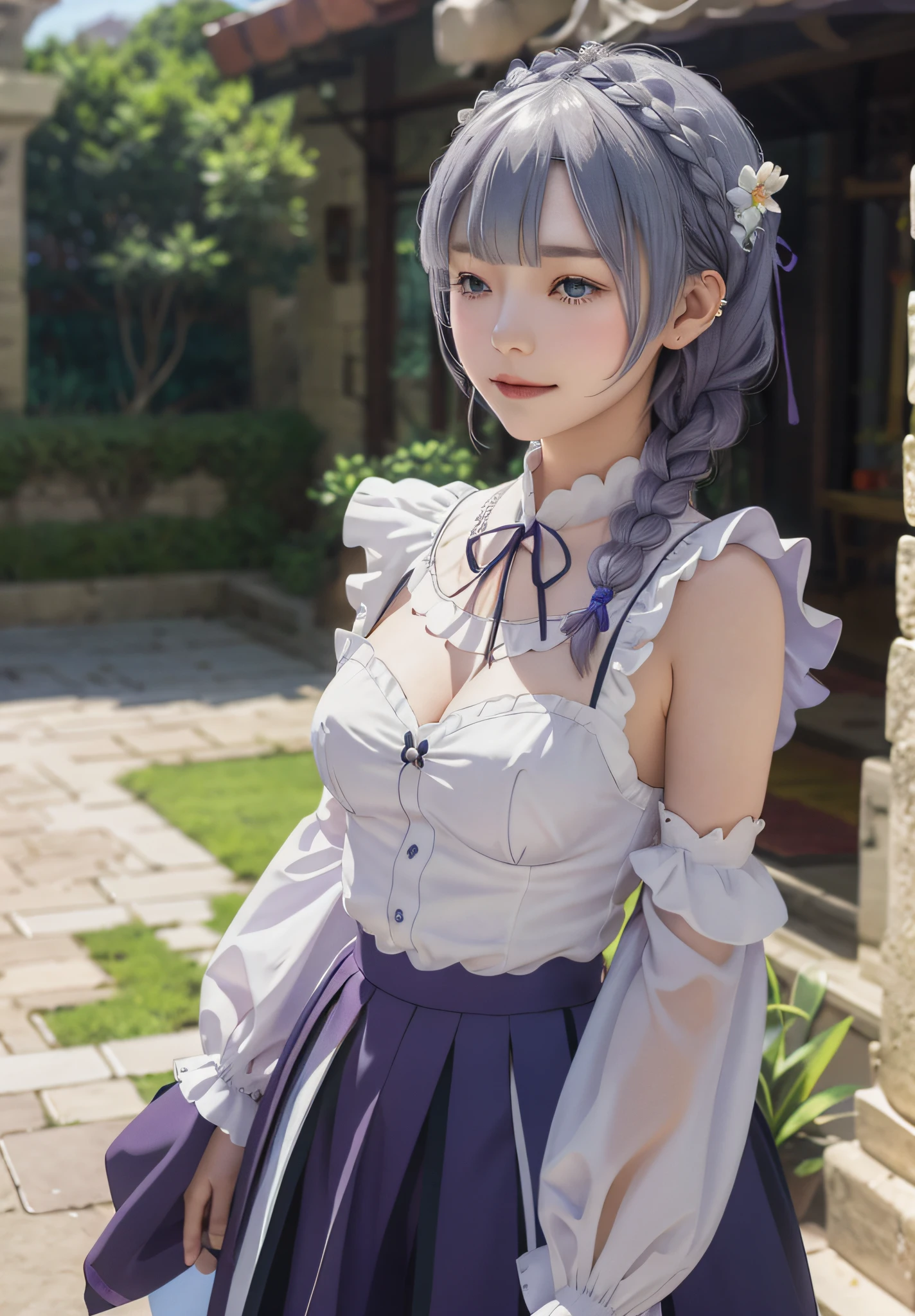 Emilia, 
masterpiece, best quality, 
1girl, bangs, bare_shoulders, blunt_bangs, blurry, blurry_background, blurry_foreground, blush, braid, breasts, cleavage, closed_mouth, cloud, crown_braid, day, depth_of_field, detached_sleeves, dress, emilia_\(re:zero\), eyebrows_visible_through_hair, flower, gem, hair_flower, hair_ornament, hair_ribbon, lens_flare, long_hair, looking_at_viewer, low-tied_long_hair, medium_breasts, one_eye_closed, outdoors, pleated_skirt, pointy_ears, purple_eyes, purple_ribbon, ribbon, silver_hair, skirt, sky, smile, solo, very_long_hair, white_flower, BREAK, white hair,