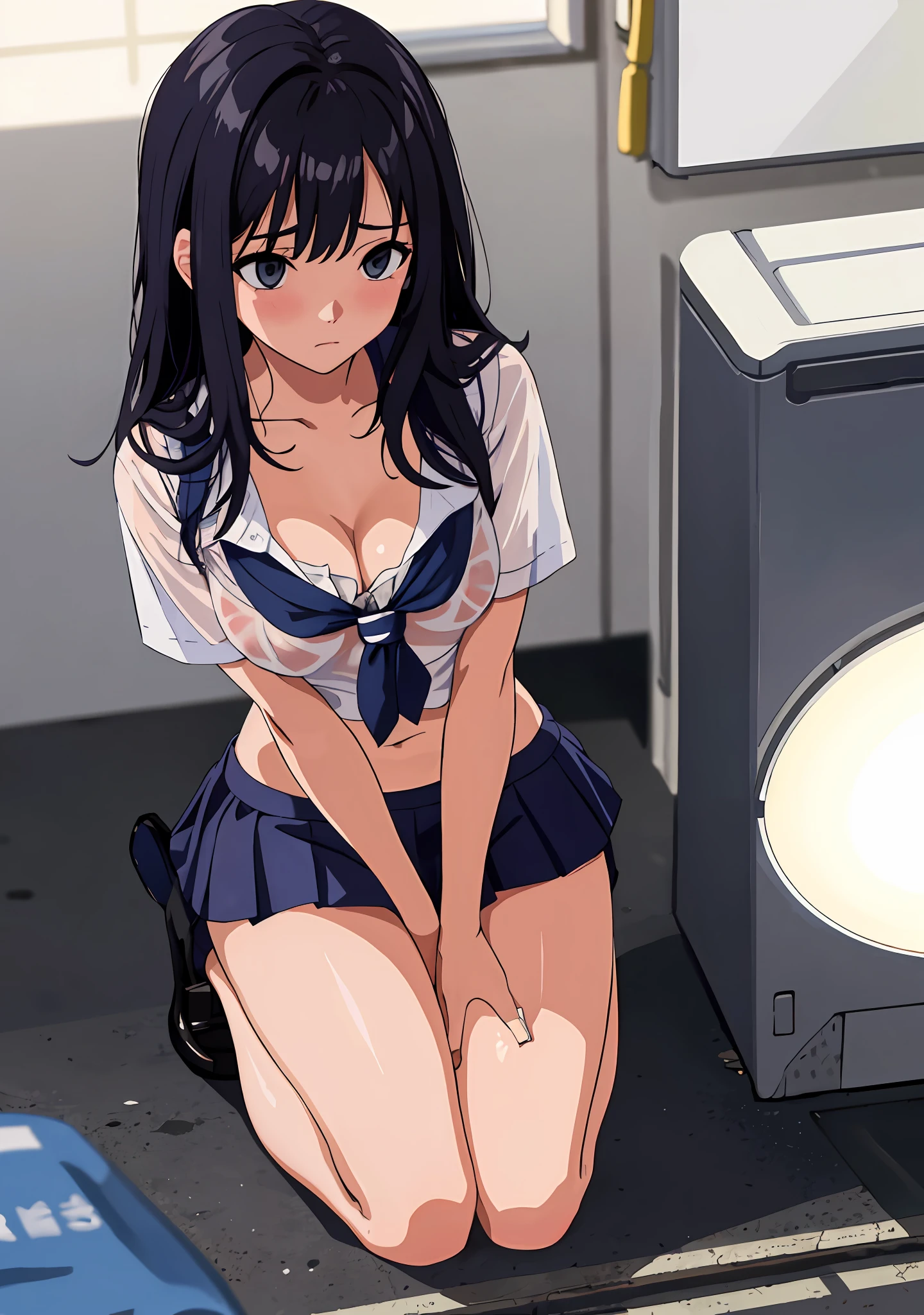 (masterpiece, top quality), detailed skin, one girl, ((((nsfw))), schoolgirl uniform, ((shy)))), show off, flat breasts, cleavage, panties, see-through, nipple out, wet and sheer bra, beautiful belly, twilight, classroom, miniskirt, absolute area, squatting, crawling on all fours, ((subjective point of view, looking down from above)), thin legs, Beautiful thighs, beautiful skin,, cloudy