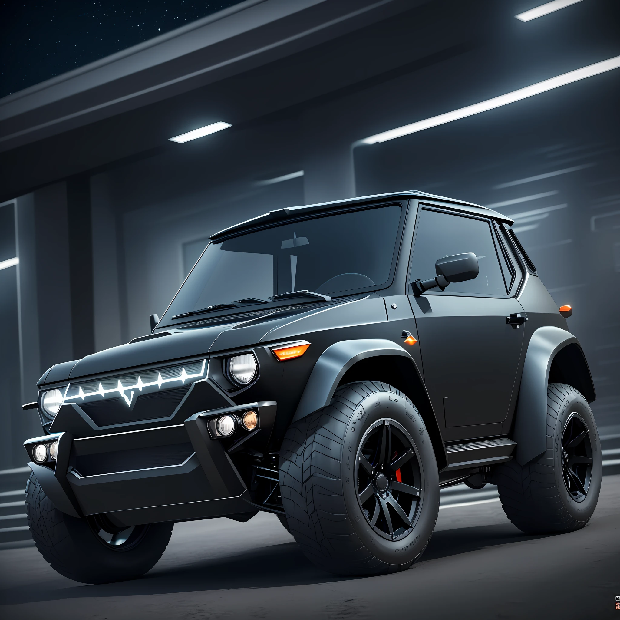 A sleek and streamlined black batmobile niva with headlights glinting, expertly rendered in Octane 3D. Its modern matte black armor shimmers against the night sky, embodying the batcore spirit. Proudly bearing the iconic Batman logo, "LADA NIVA" sits low to the ground, exuding a raw power that only a batmobile can inspire. --auto --s2