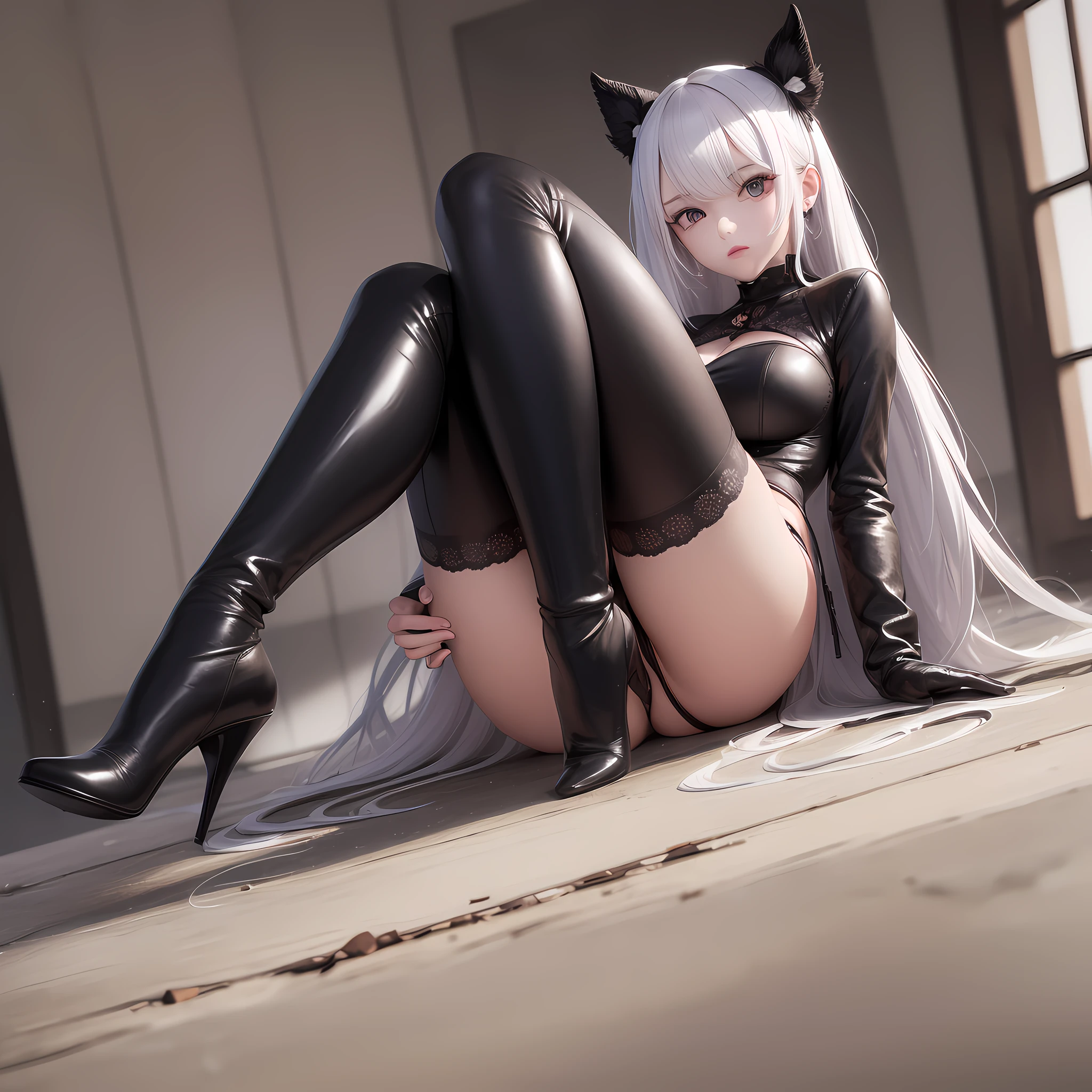 (((Masterpiece)), ((Ultra Detailed)), pixiv, Best Shadows, Best Lighting, Best Quality, 1girl, Looking at the viewer, Black background, Love pupils, Qi bangs, 8k, White hair, Portrait, pink eyes, black leather jumpsuit, Raised, Round toe stiletto thigh boots, Slim body, Lower body longer than upper body, Full body photo, No underwear panties, Large bust window, Irregular exposed abdomen, Slim legs, Very thin thigh roots, Straight leg curves