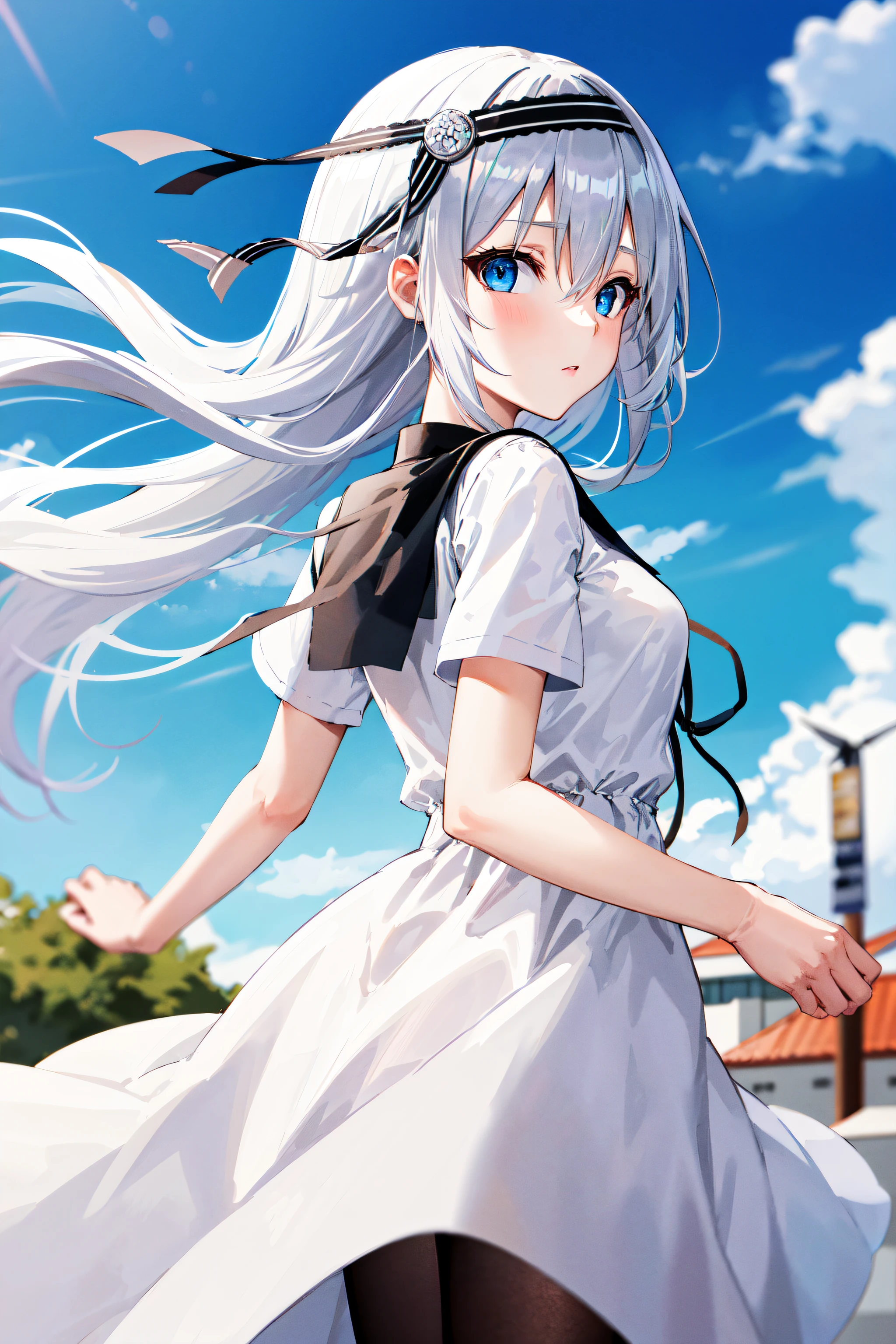 masterpiece,best quality, highres, kei1, 1girl, solo, blue eyes, long hair, white dress, short sleeves, ribbon, bangs, collarbone, grey hair, white skirt, hair ornament, black hairband, black pantyhose, neck ribbon, hair between eyes, medium breasts, sailor collar, from behind, outdoors, (wind:1.4), panties:1.3)