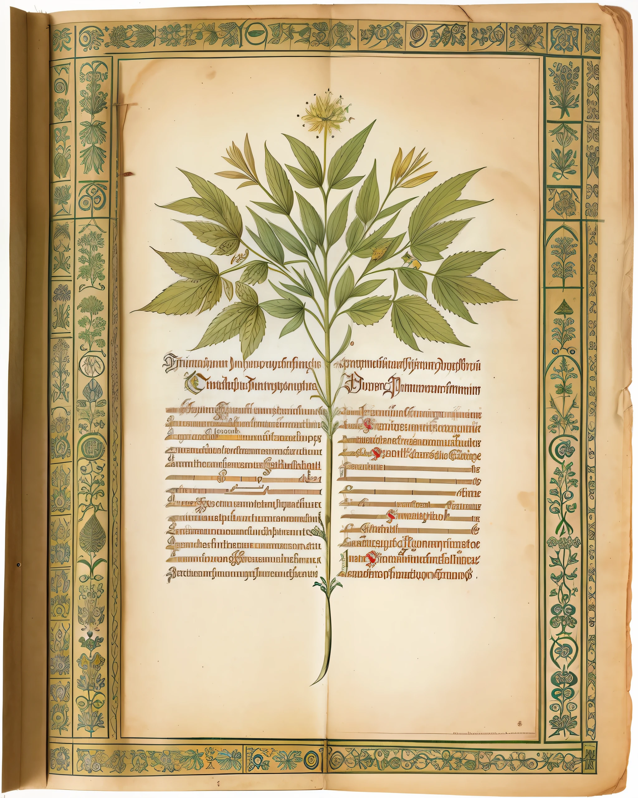 the front cover of an ancient medieval German herbal featuring one word in gold letters, green and silver and gold parchment, herbal illustrations, floral illustrations, view from above, centred, extremely high details, scruffy:1.5, rough:1.5, stained:1.5, bright natural colours:1.5