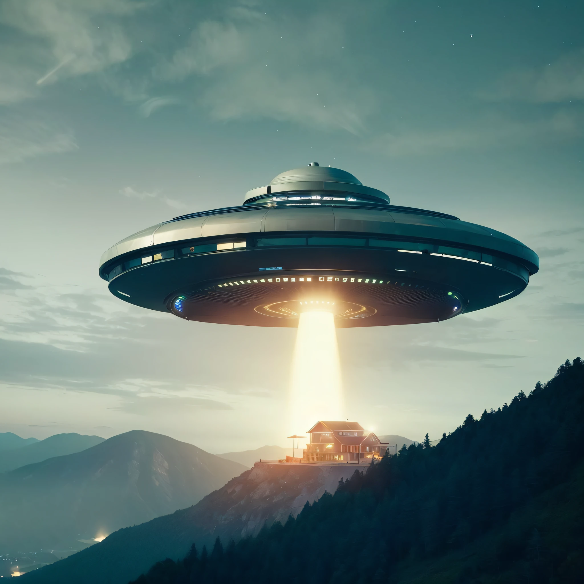 a flying saucer hovering over a building on a mountain at dusk