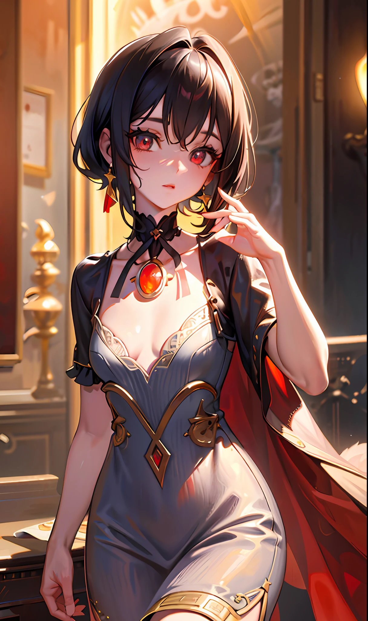 (Masterpiece, Side Light, Fine Beautiful Eyes: 1.2), (Masterpiece * Portrait), Portrait, (Bust), Realistic, Anatomically Correct, 3D Face, Sweet Skin, (Solo), (Close-up of Face), (Fire Opal General Scarlet Eyes), Hanging Corner of the Eye, ((High Detail Skin, Visible Pores)), (Perfect Figure), A Beautiful Girl, Small Breasts, (((Western Style Clothing)), (Neck Ring)
