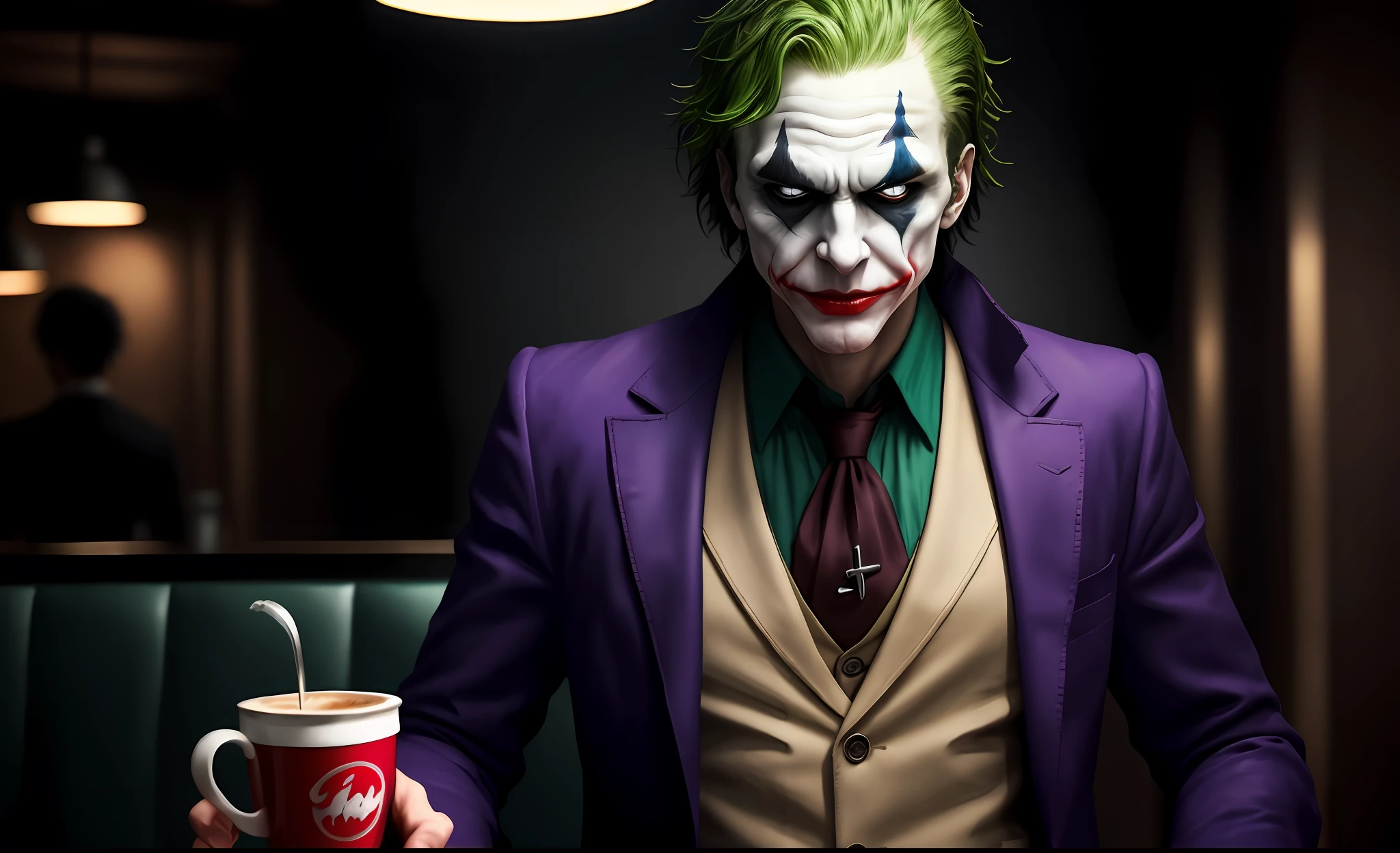 Joker Hero,Highper Detailed,Rome,He drink Coffee at Coffee Shop, Ghost Lighting, masterpiece,,3D Picture,(cinematic composition+dramatic lighting):1.1,(dramatic expression+dynamic pose):1.2,best quality, ultra-detailed CG, 8k resolution."