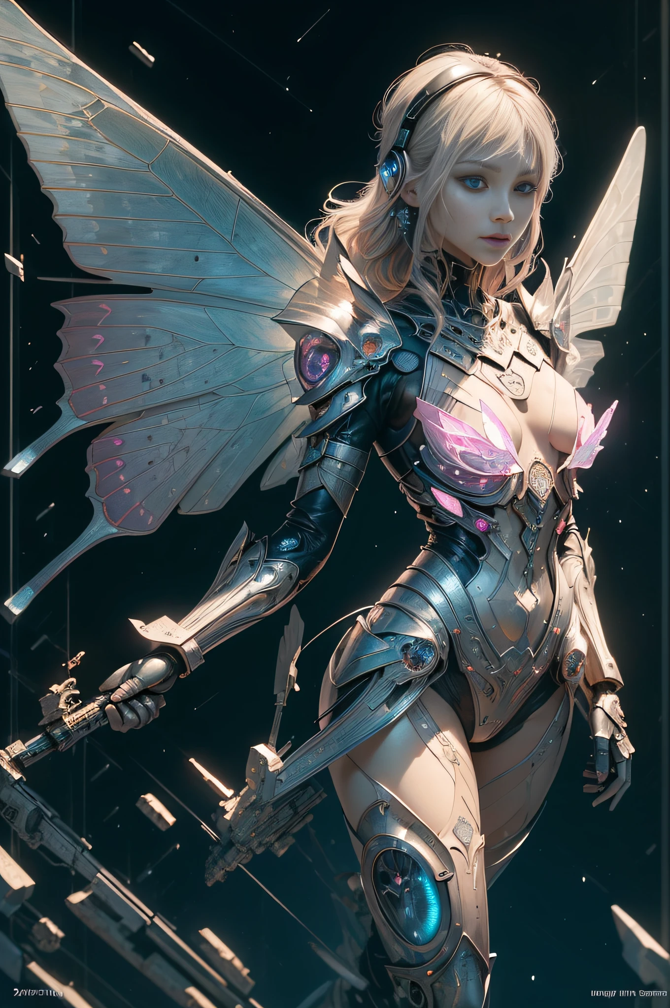 [Detailed illustrations, art based on extremely ideal anatomy, very detailed and detailed drawings, slow and delicate lines, realistic texture expression],((Accurate simulation of light-material interactions, understanding of air flow, mechanically correct expression)),(Design built at a high level,((Advanced structural understanding)),Ideal color coordination),((Complex decoration ( Ultra-dense details)),(Detail,High Definition),(((Color tressed lines)),(Artwork with outstanding craftsmanship),(Fine and beautiful skin expression (transparency)))),(Perfect and beautiful face,Realistic face details),(Perfect eye (Realistic pupil details (Beautiful iris drawn in detail) (Sharp pupil))),((Perfectly proportioned and perfectly proportioned)),(Laboratory background), HENTAI ANIME [CYBERGirl Beauty ((Slender))  (Wavy Platinum Blonde)] Cyborg,(Butterfly wings) Magenta pink Papillon Cyber Armor Cyber Headset ((Transparent Material) Aurora Armor)),(Science Fiction Mechanical Bioengineering),[Ultra Precision Detail,HighQuality,High Definition,(( Multi-layered textures)]], ((visual art with a sense of narrative)).