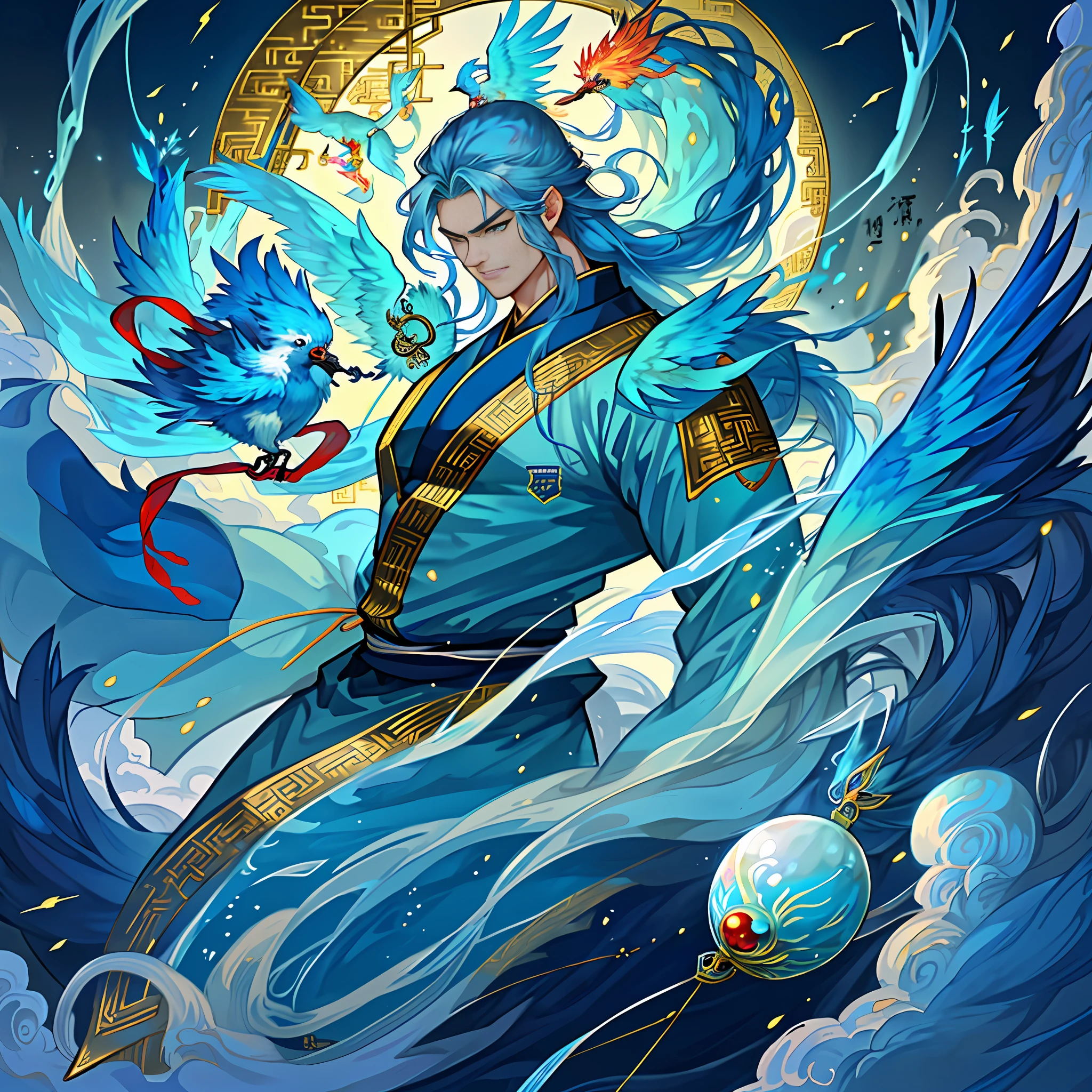 Best Picture Quality, Chinese Style, Chinese Mythology, Chinese Mythology, Thunder Zhenzi, (Cyan Bird Head: 1.5), Human Body, Strong Muscles, Cloudy Lightning, Blue Hair, Scattered Hair, Very Long Hair, Mad Beast, Super Huge Wings, Golden Lightning, Concussion, Rune, (No Human: 1.5)